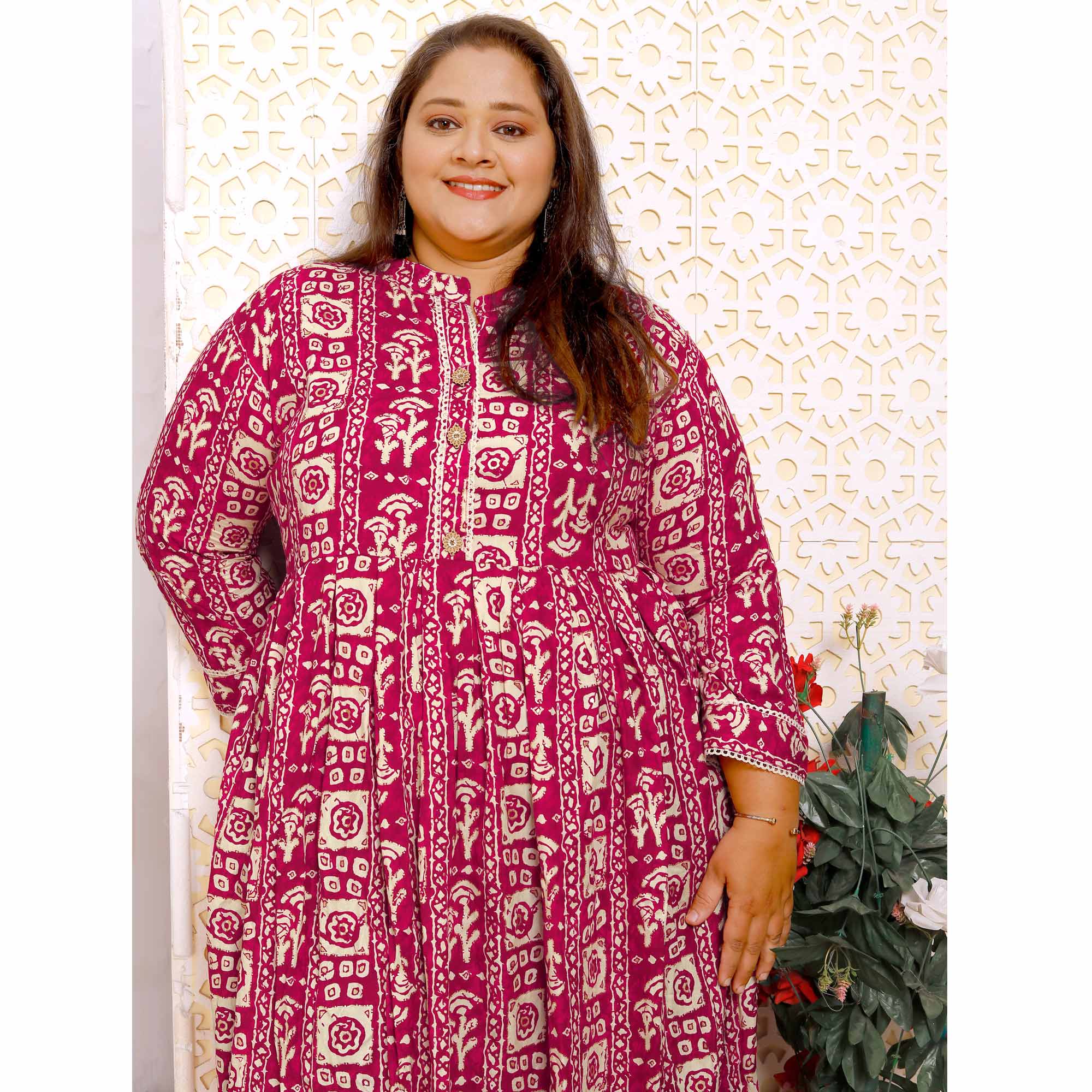 Pink Floral Printed Rayon Long Kurti