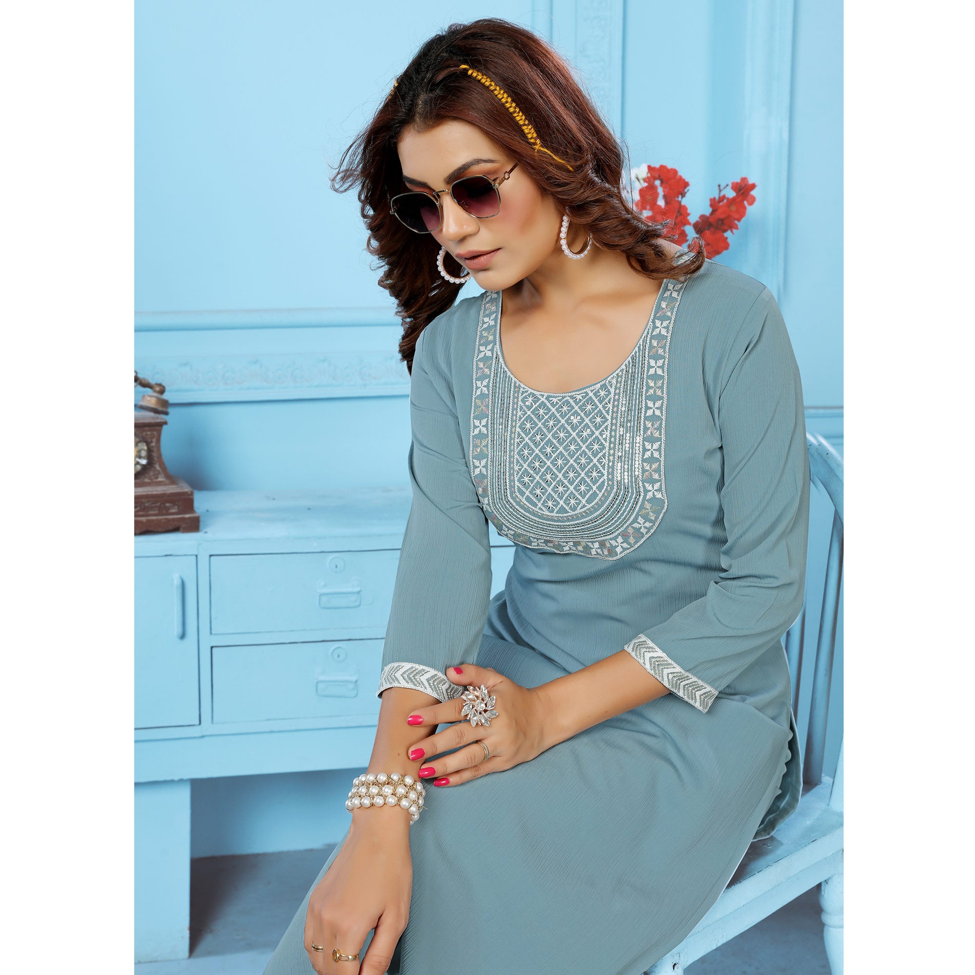 Grey Sequins Embroidered Cotton Blend Kurti Pant Set