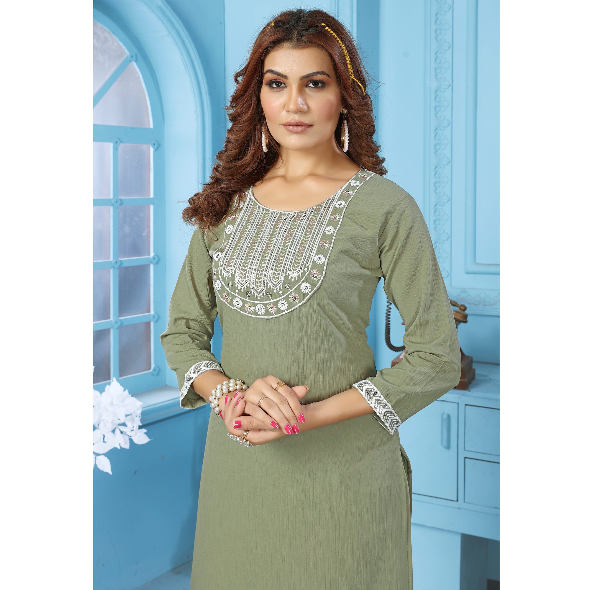 Green Sequins Embroidered Cotton Blend Kurti Pant Set