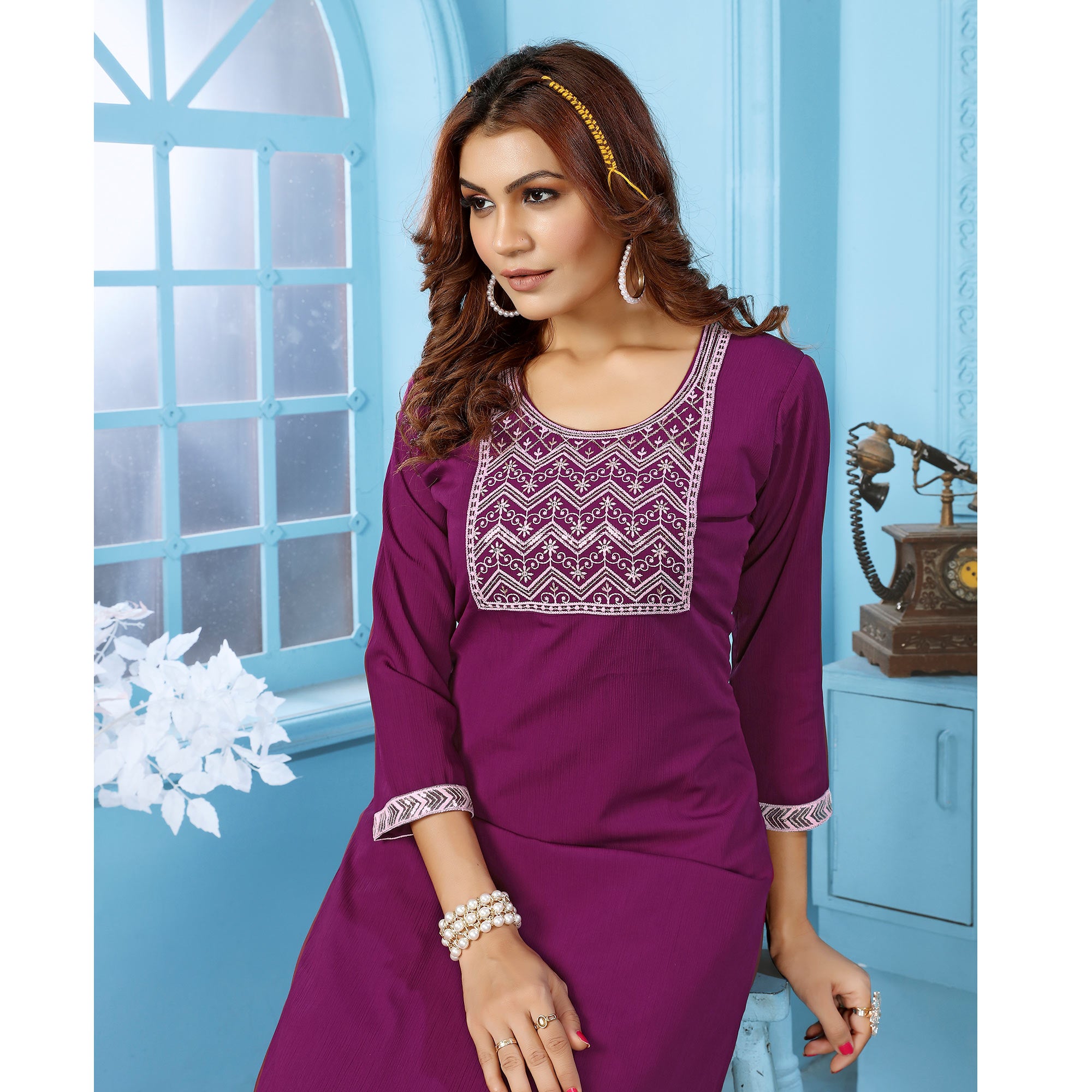 Purple Sequins Embroidered Cotton Blend Kurti Pant Set