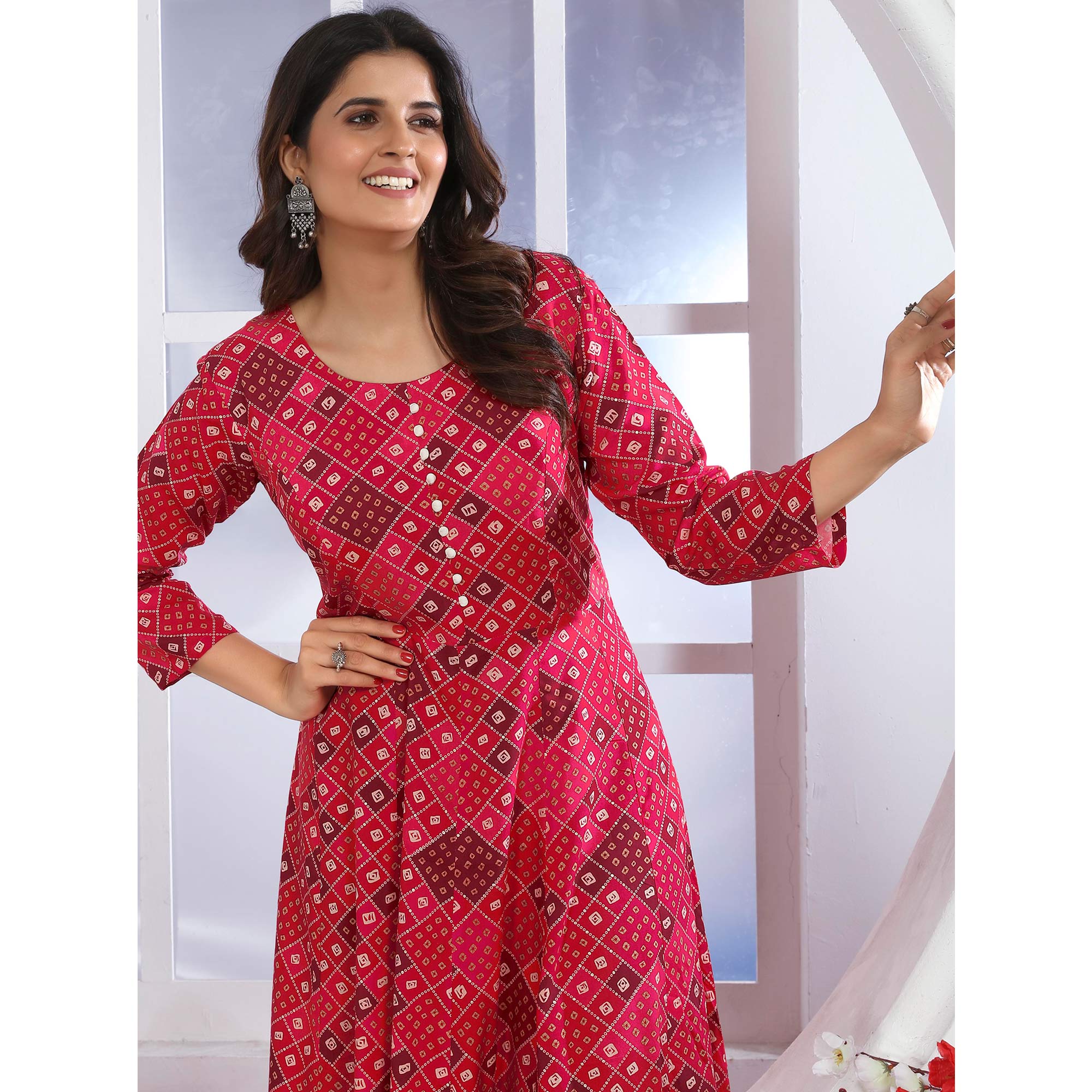 Rani Pink Bandhani Foil Printed Rayon Long Kurti