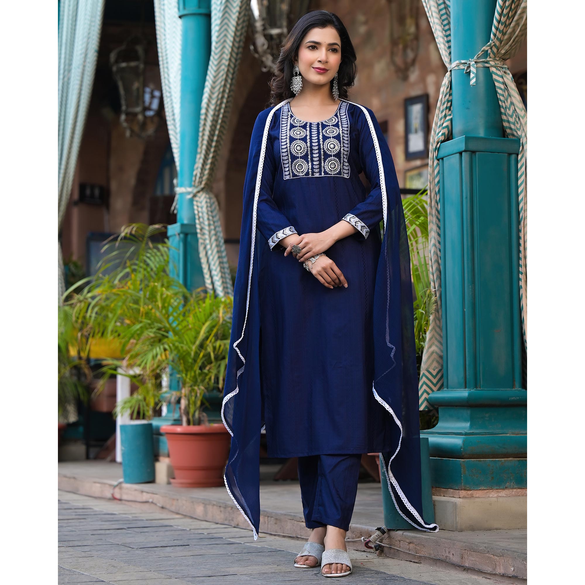 Navy Blue Embroidered Pure Cotton Straight Salwar Suit