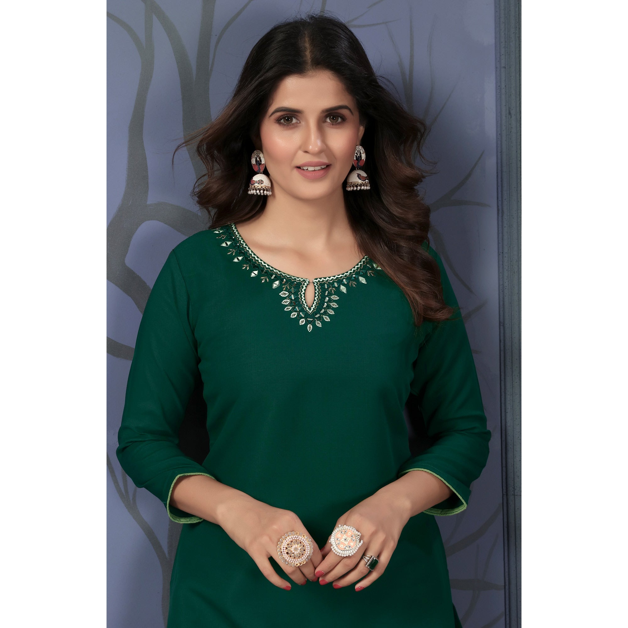 Green Solid With Mirror Embroidered Cotton Blend Kurti