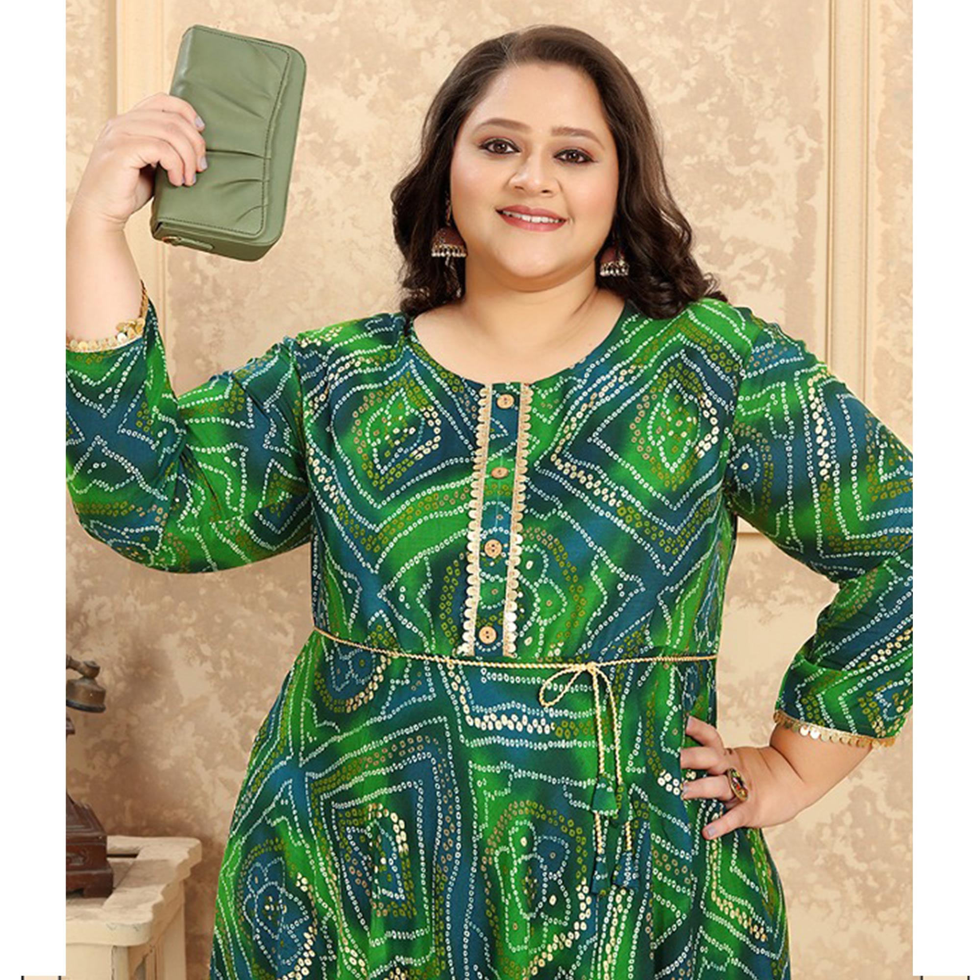 Green Bandhani Printed Rayon Long Kurti