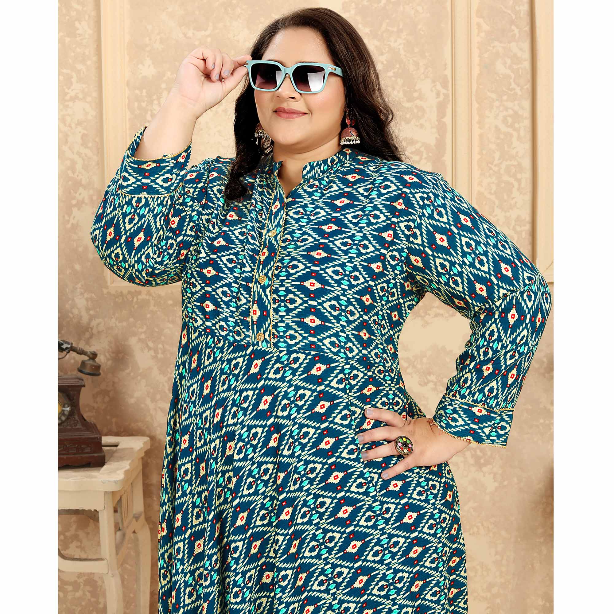 Green Printed Rayon Long Kurti