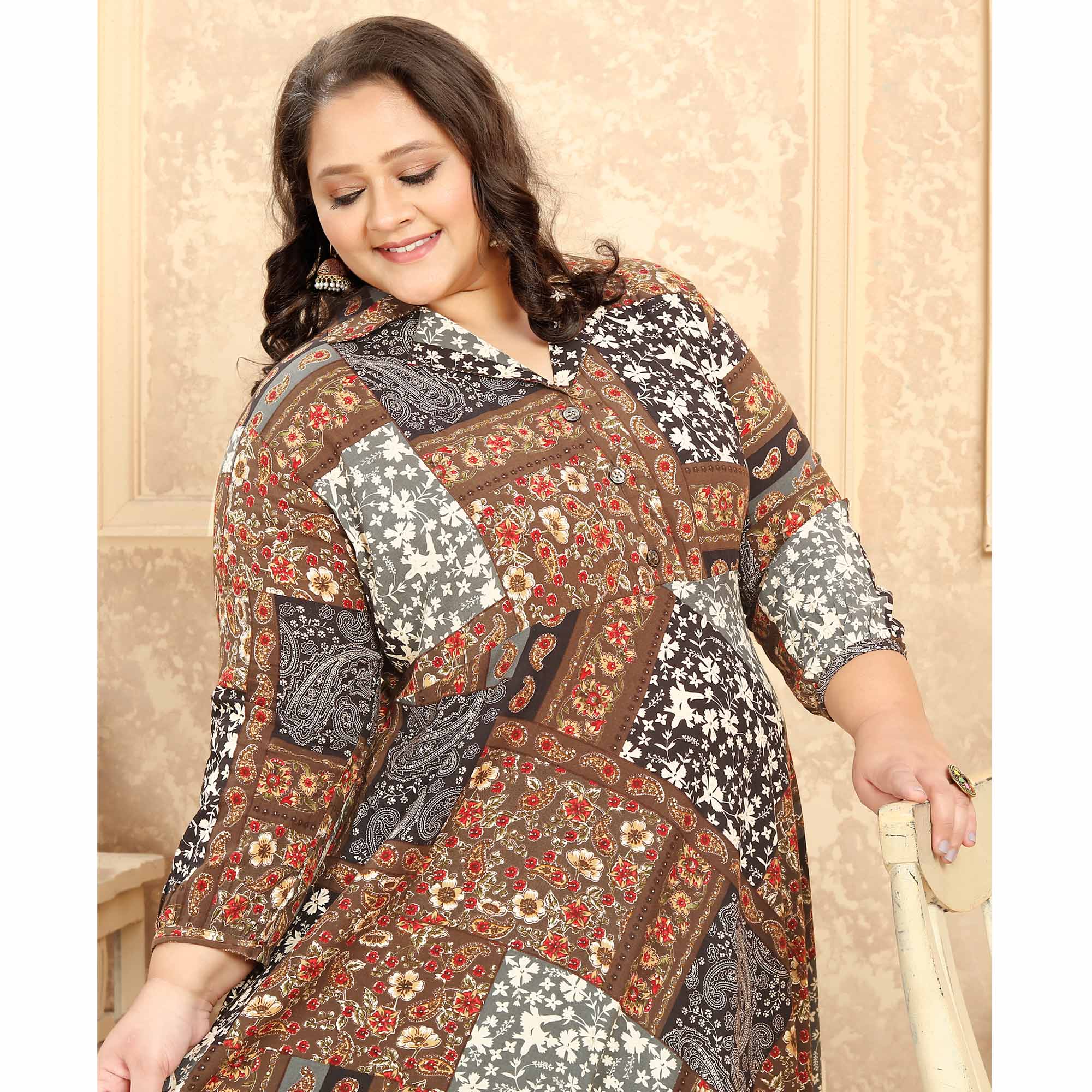 Brown Floral Printed Rayon Long Kurti