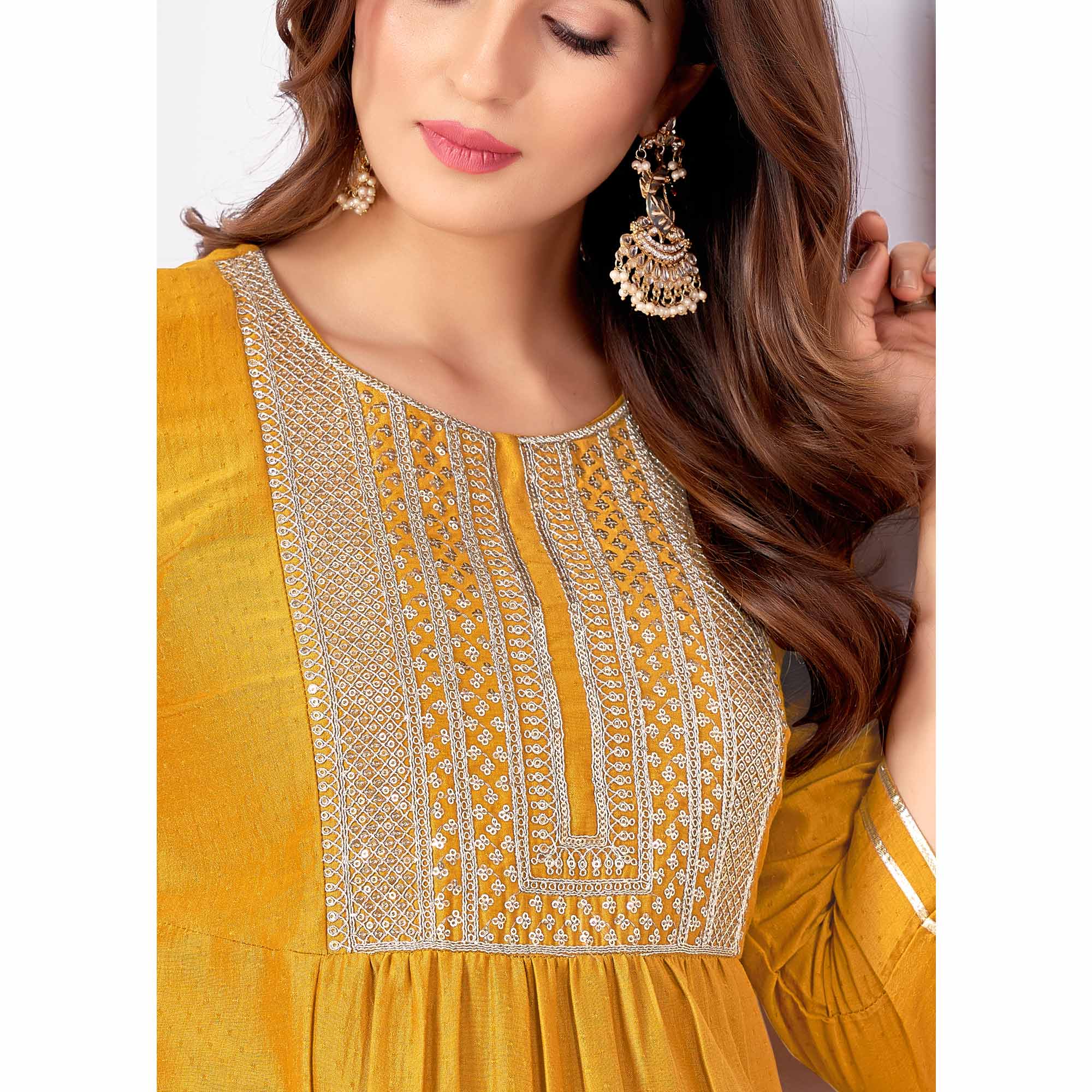 Mustard Embroidered Art Silk Salwar Suit