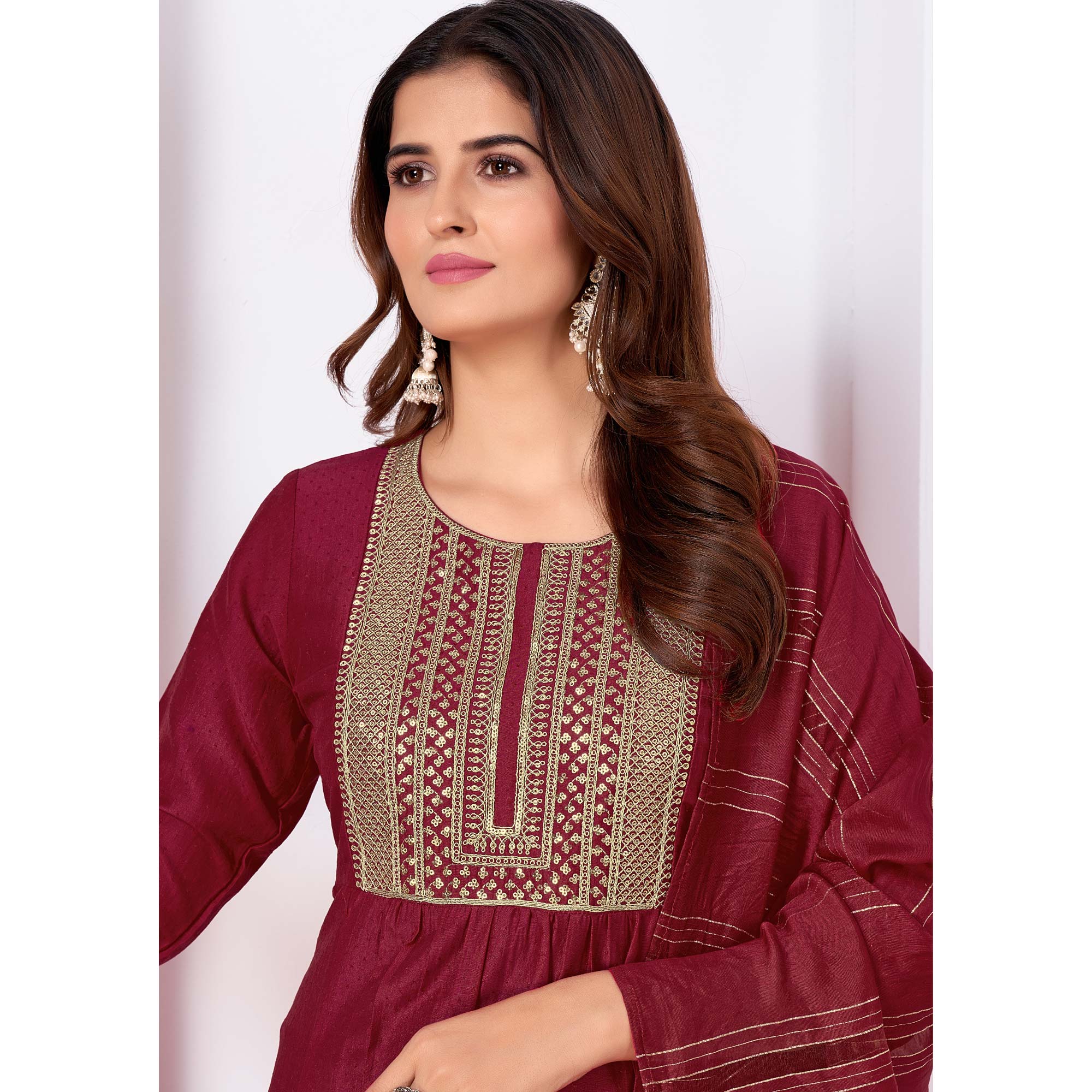 Maroon Embroidered Art Silk Salwar Suit