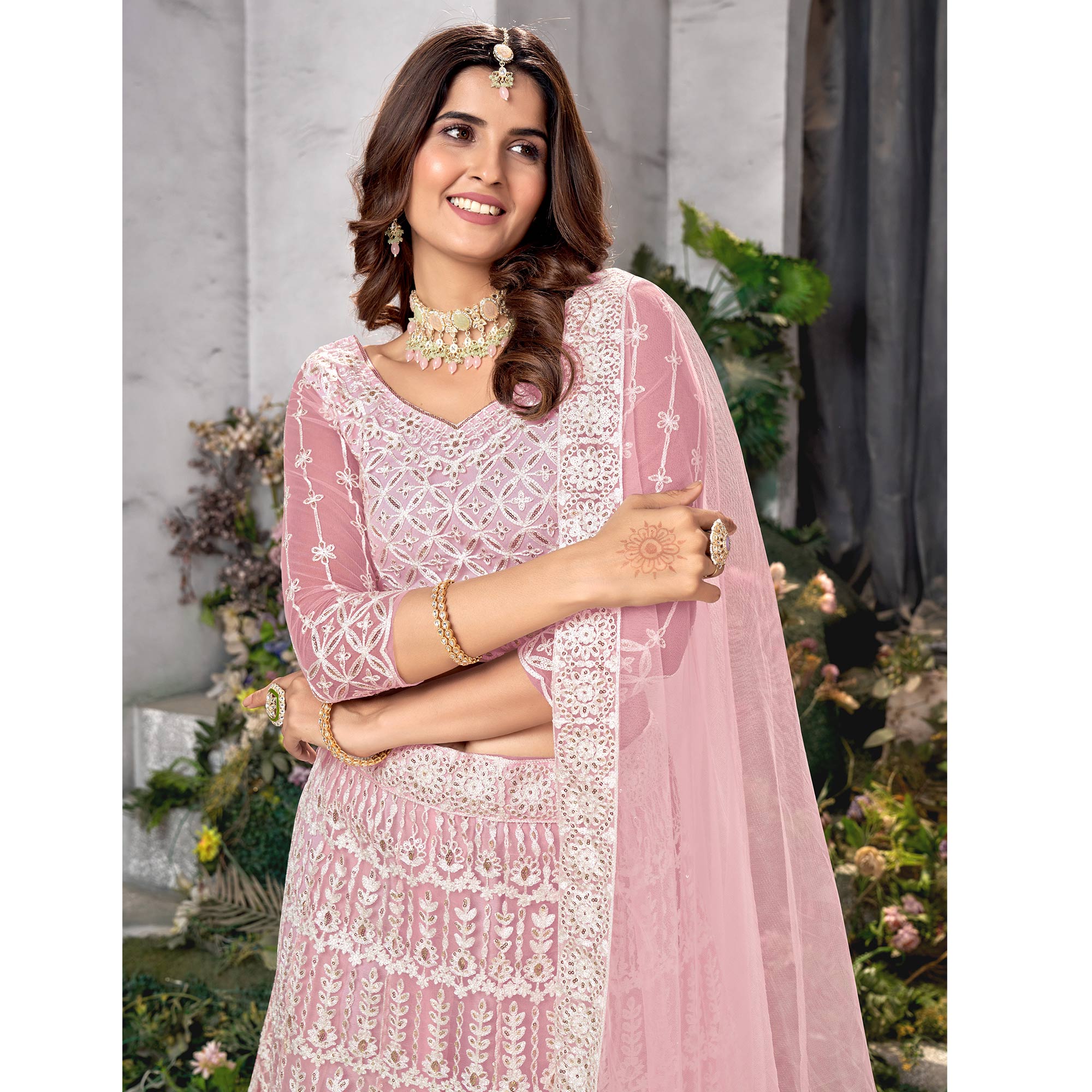 Pink Floral Sequins Embroidered Net Lehenga Choli