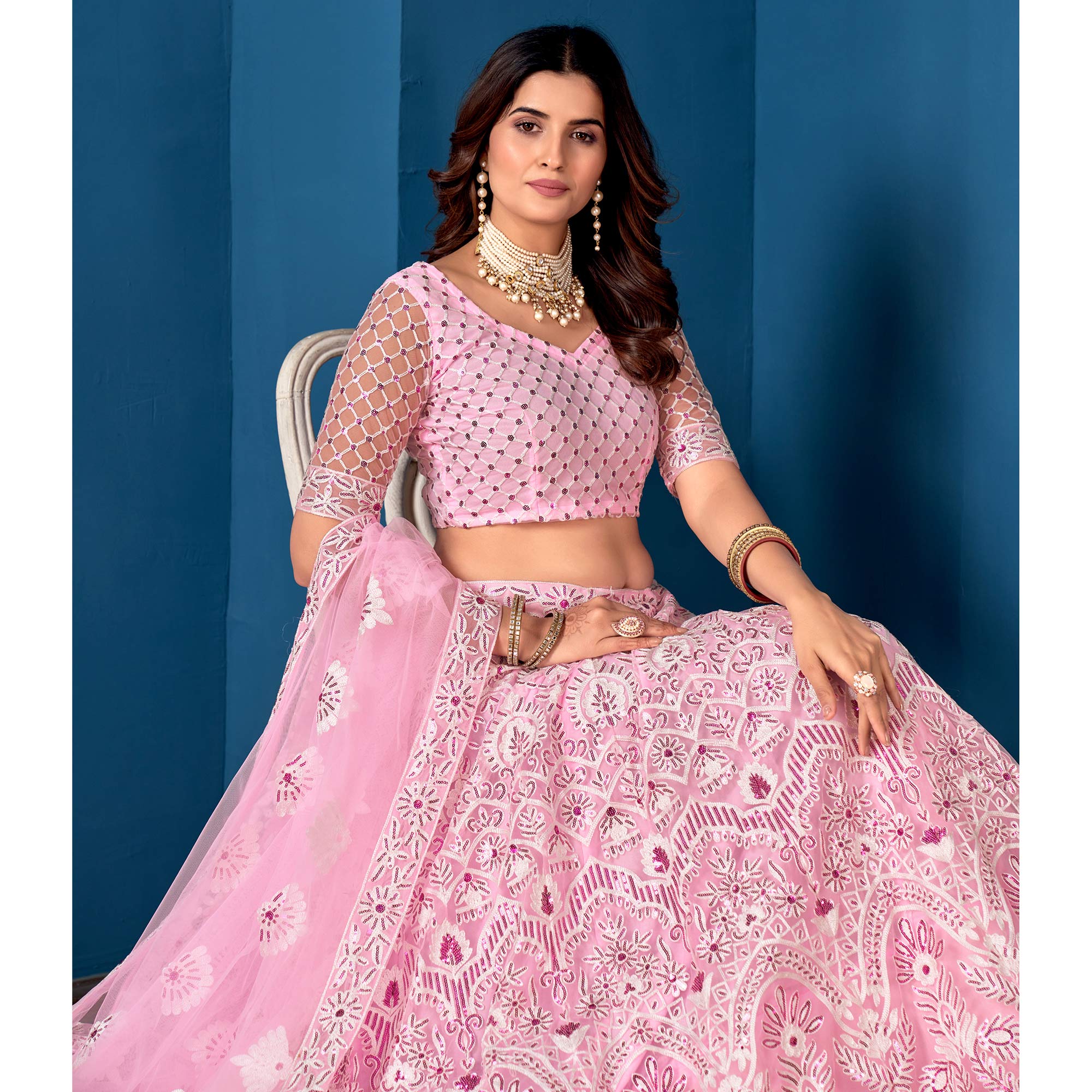 Pink Floral Sequins Embroidered Net Lehenga Choli