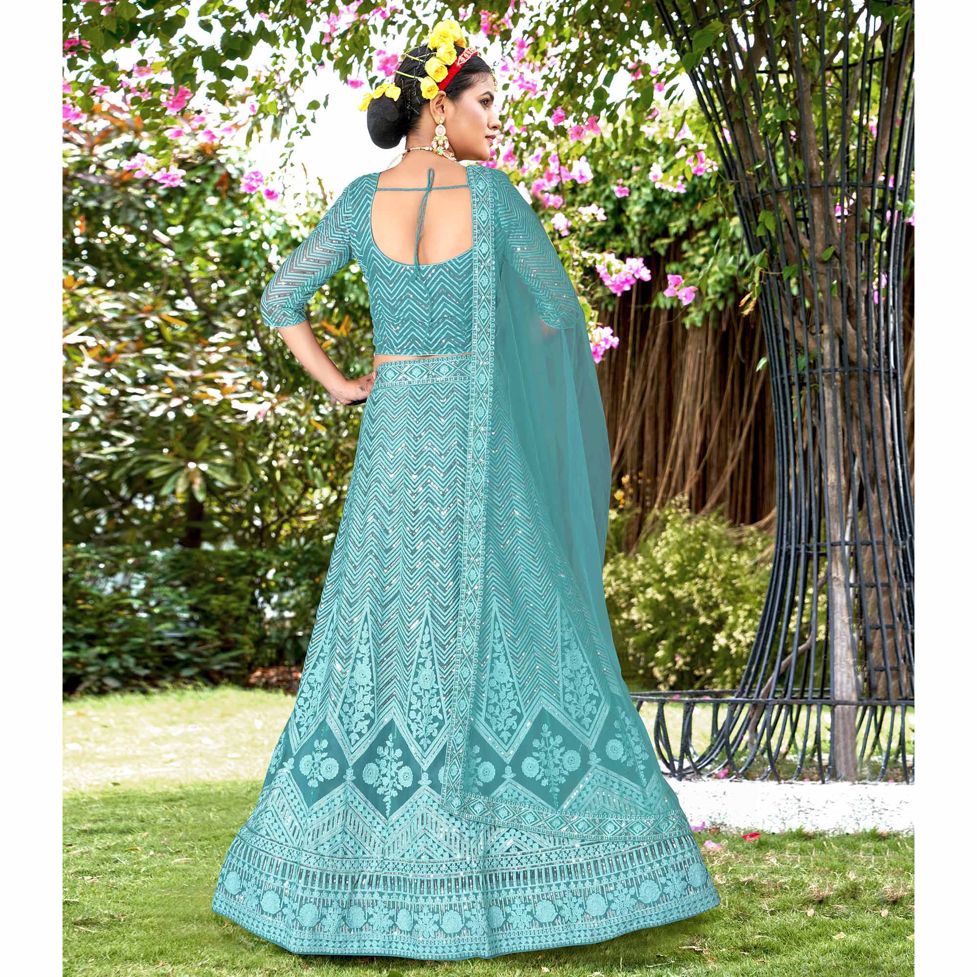Blue Sequins Floral Embroidered Net Semi Stitched Lehenga Choli