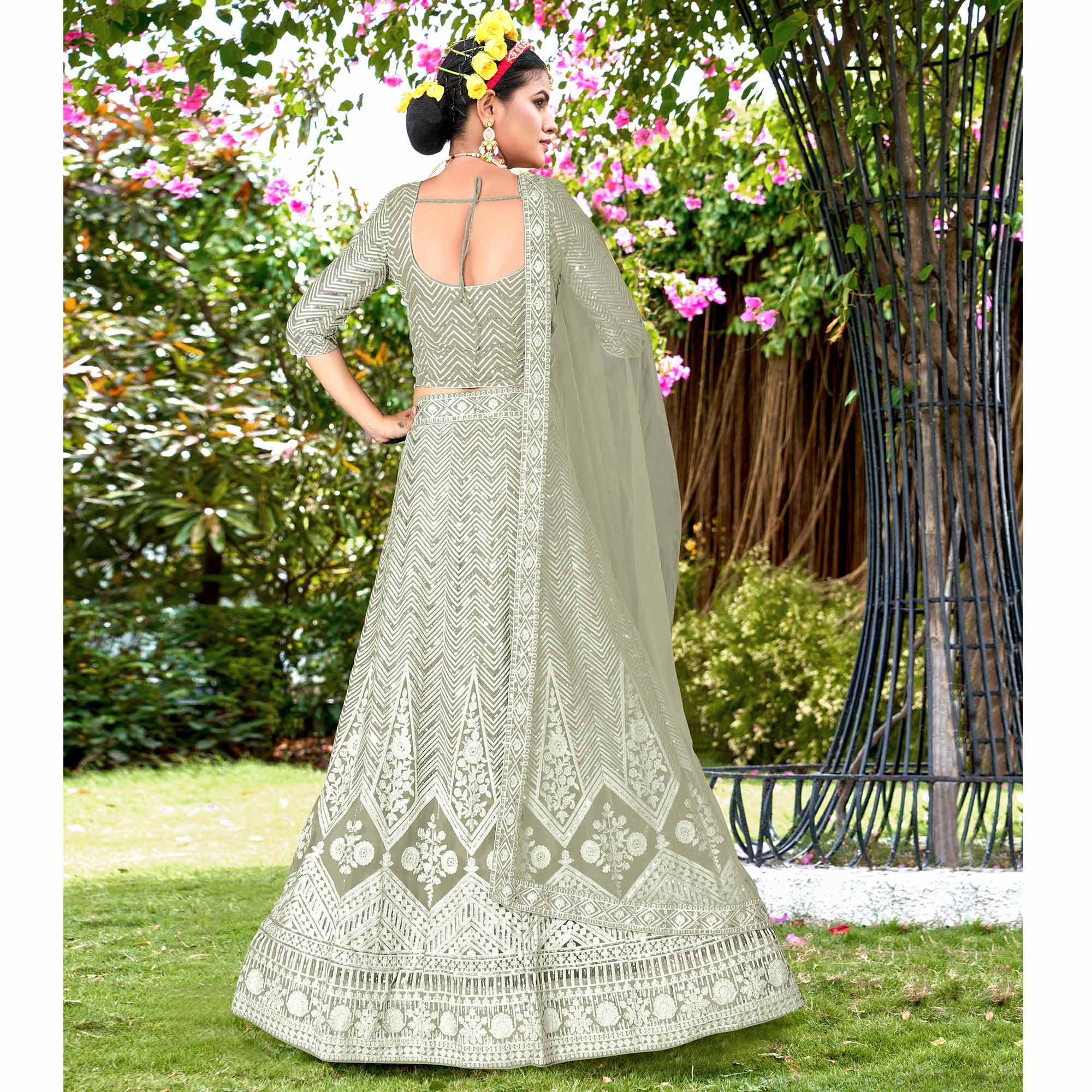 Green Sequins Floral Embroidered Net Semi Stitched Lehenga Choli