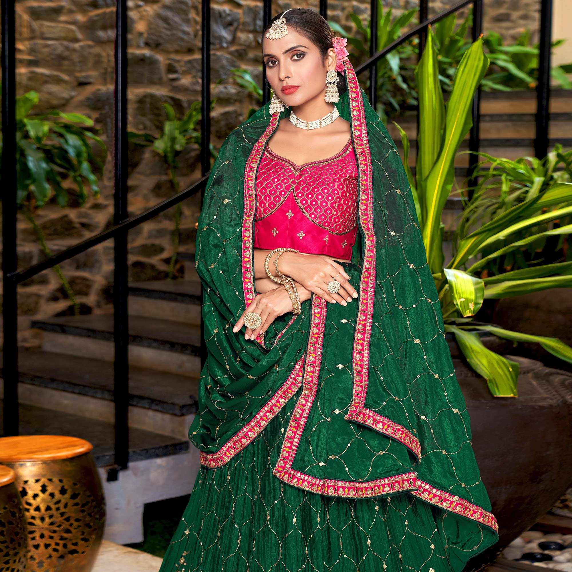 Green Sequins Embroidered Chiffon Lehenga Choli