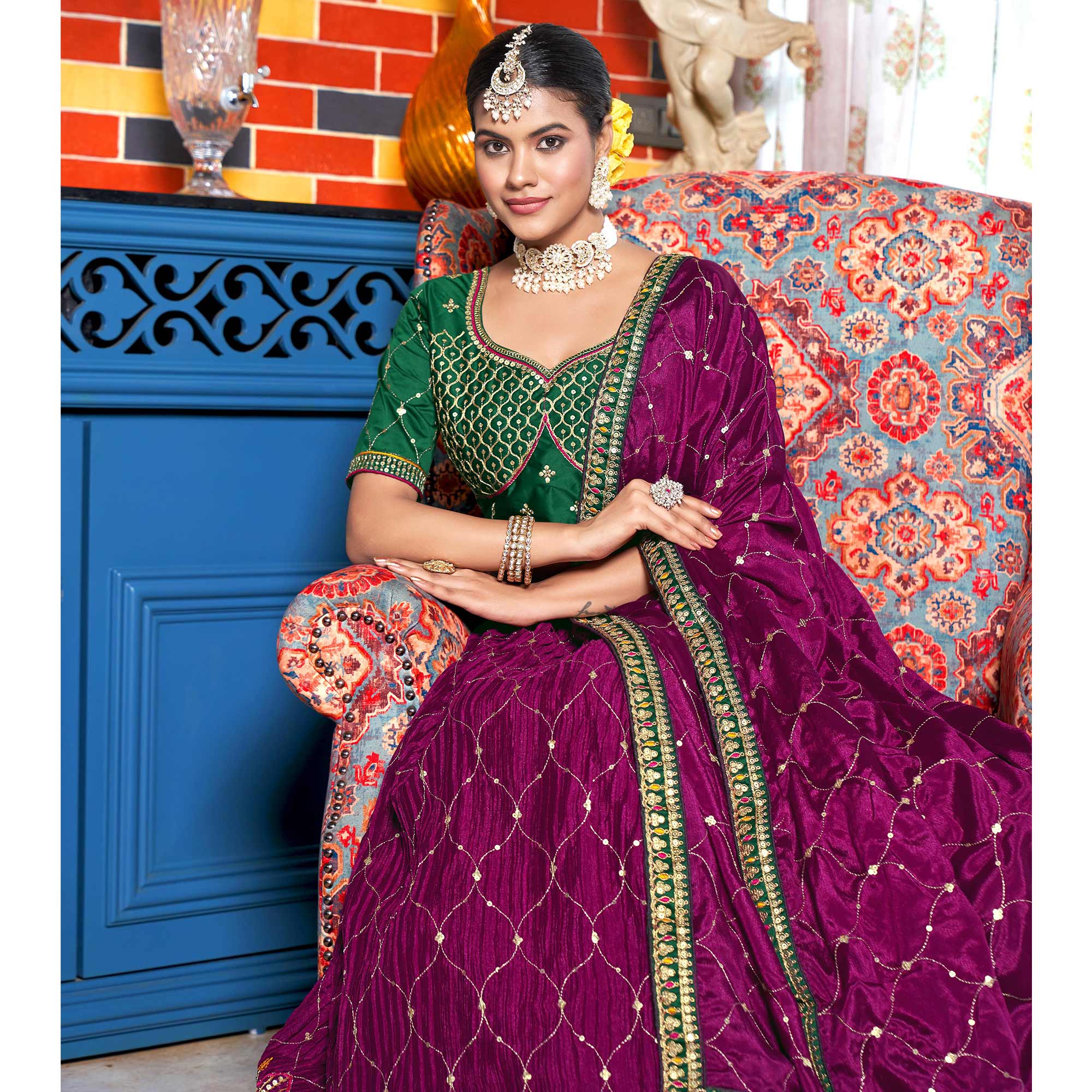 Wine Sequins Embroidered Chiffon Lehenga Choli