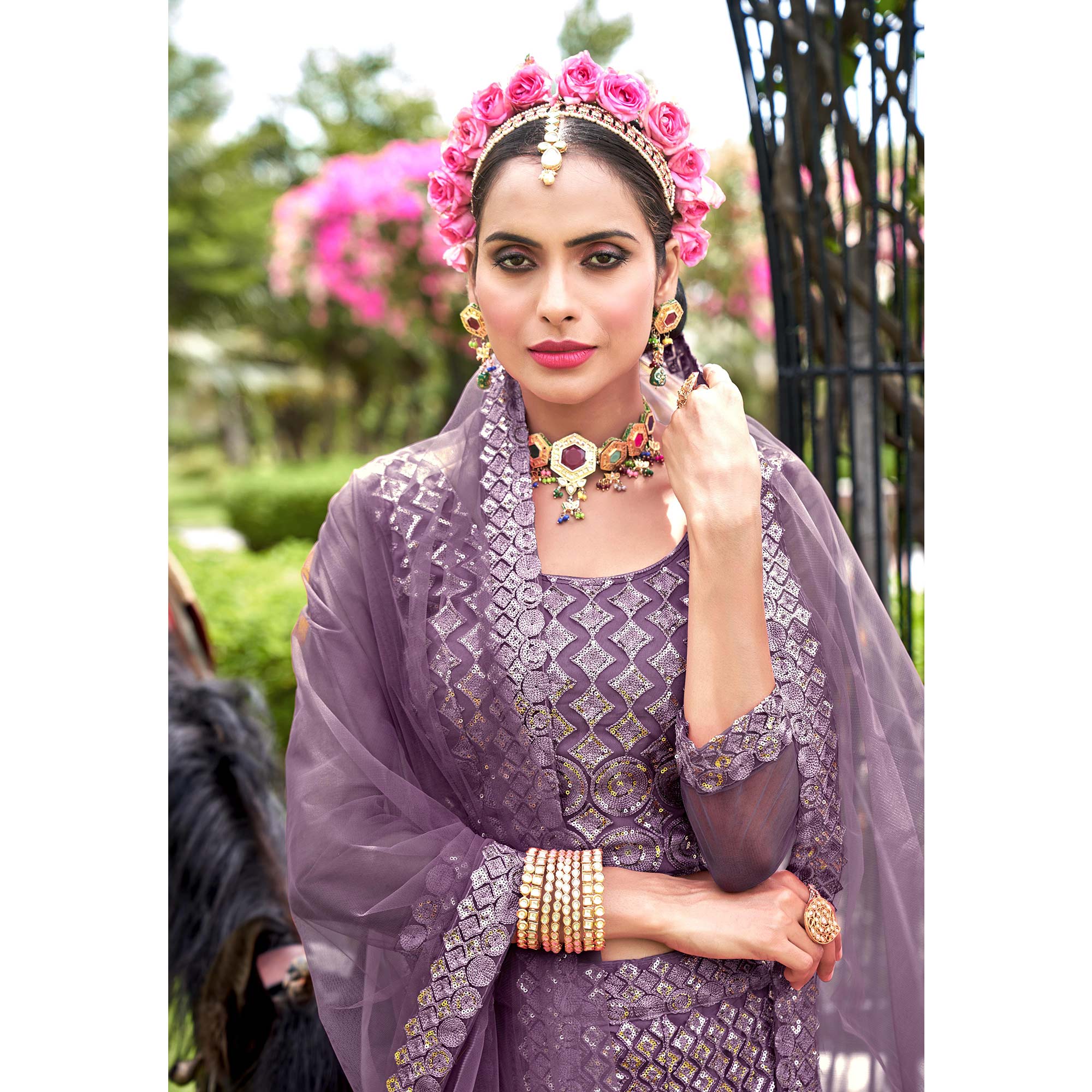 Violet Sequins Embroidered Net Lehenga Choli