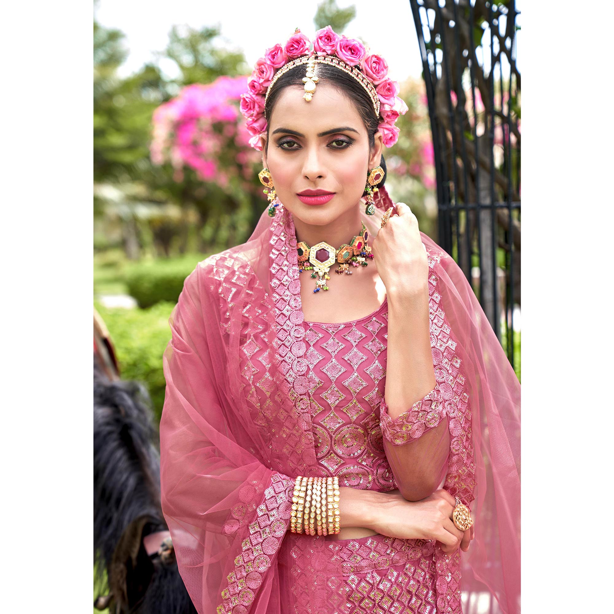 Pink Sequins Embroidered Net Lehenga Choli