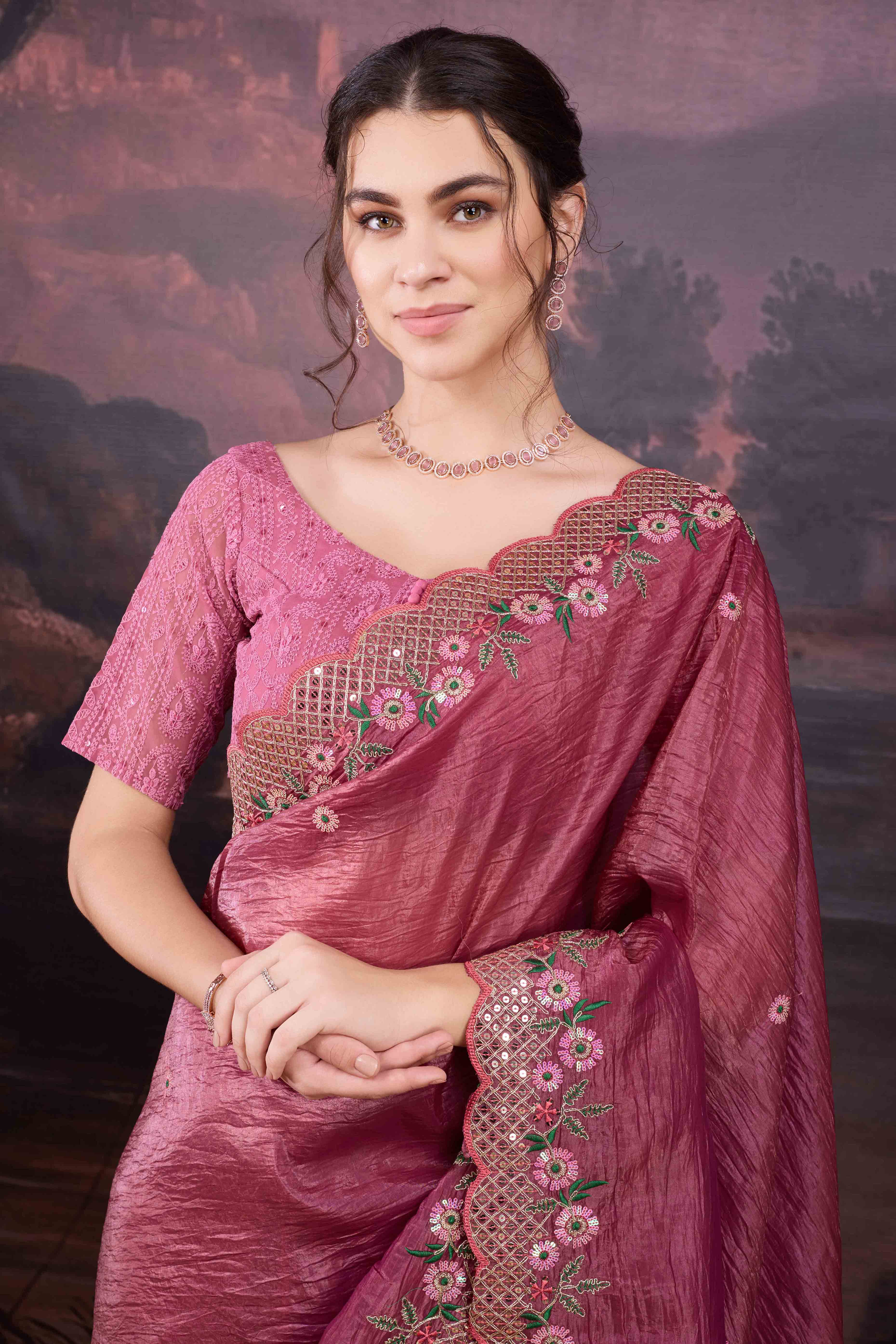 Mauve Floral Design Art Silk Saree with Glittering Sequins Embroidery