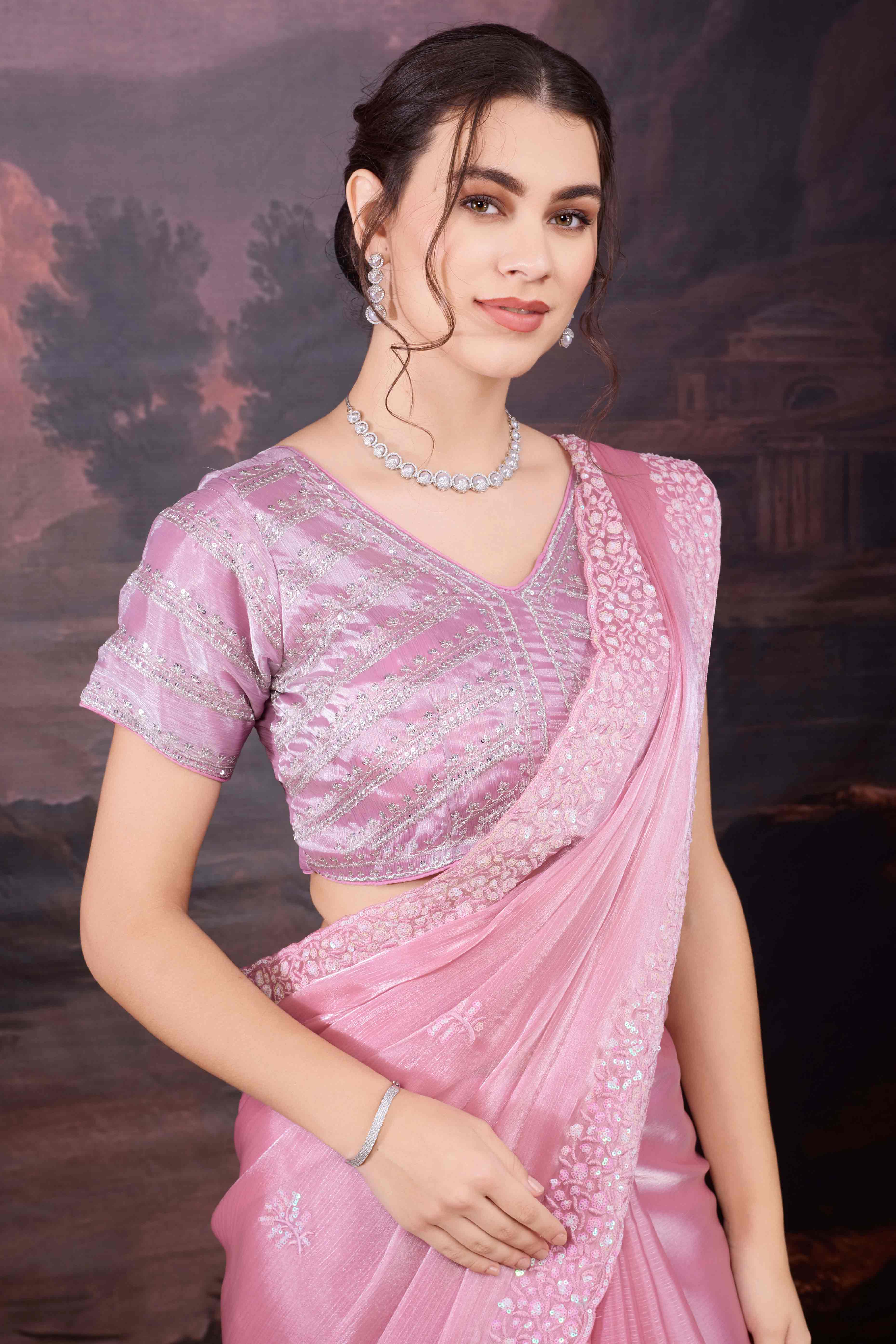 Baby Pink Organza Saree Enhanced with Elegant Sequins Embellishments