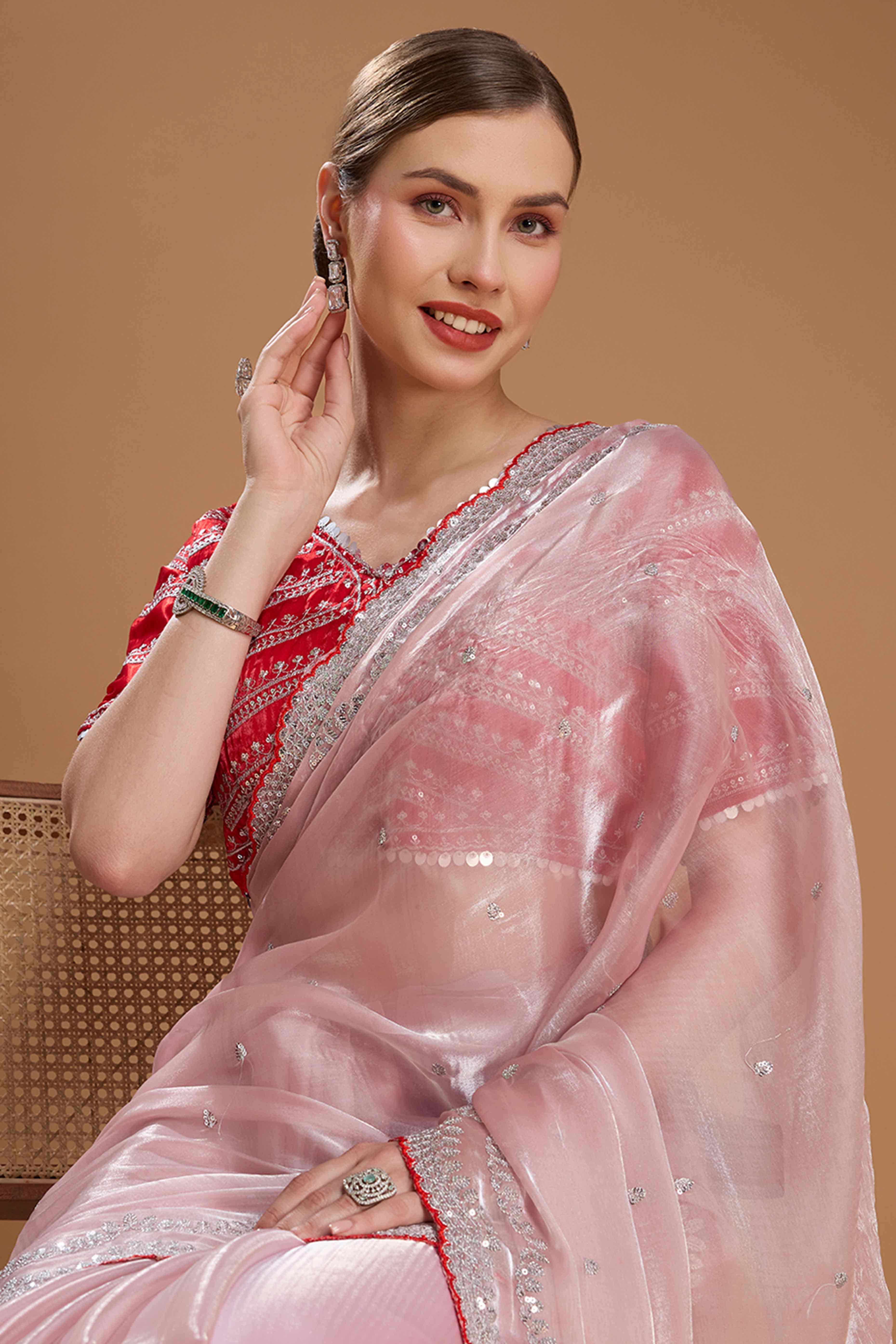 Light Peach Embroidered Saree in Organza with Sequins Accents