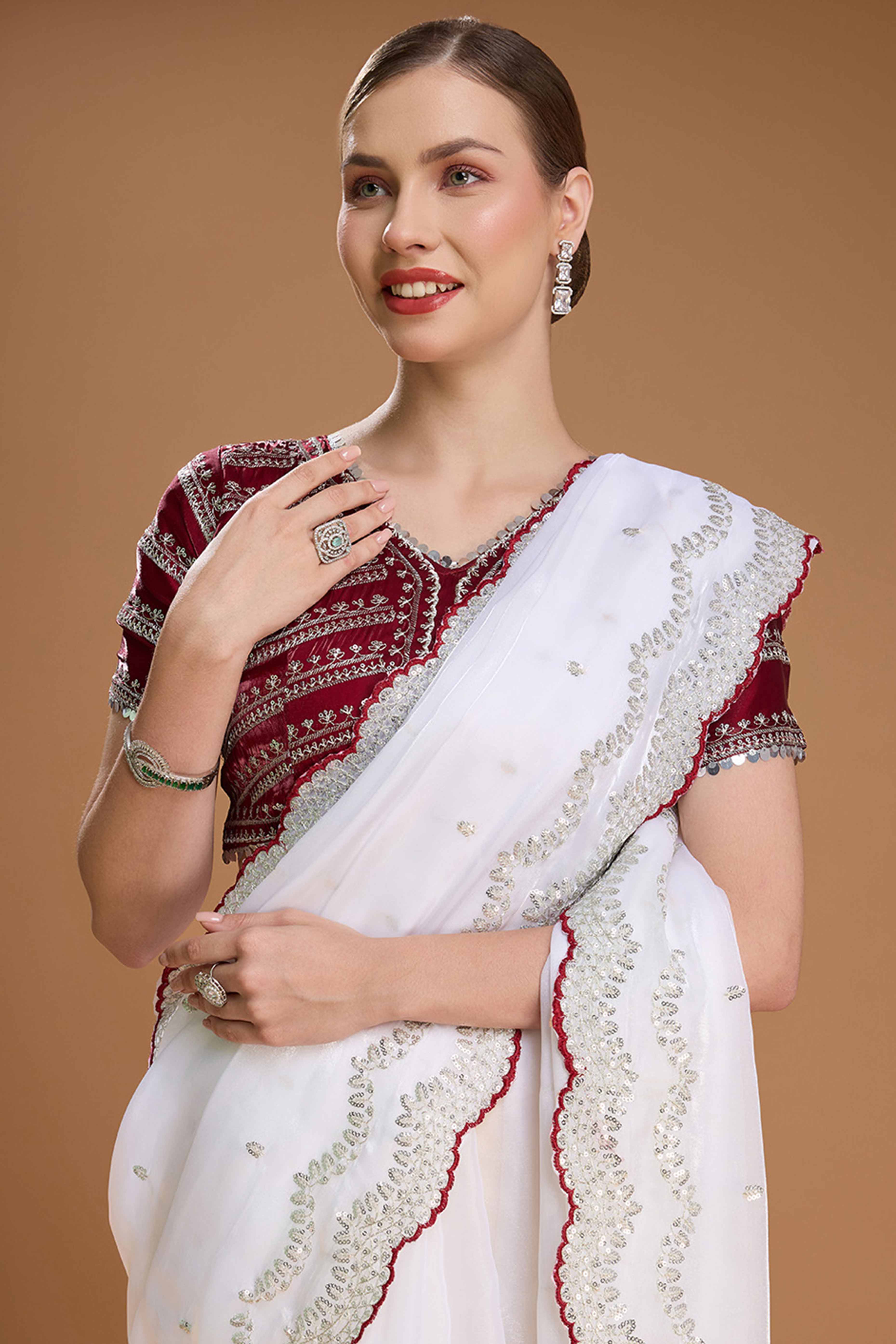 White Embroidered Saree in Organza with Sequins Accents
