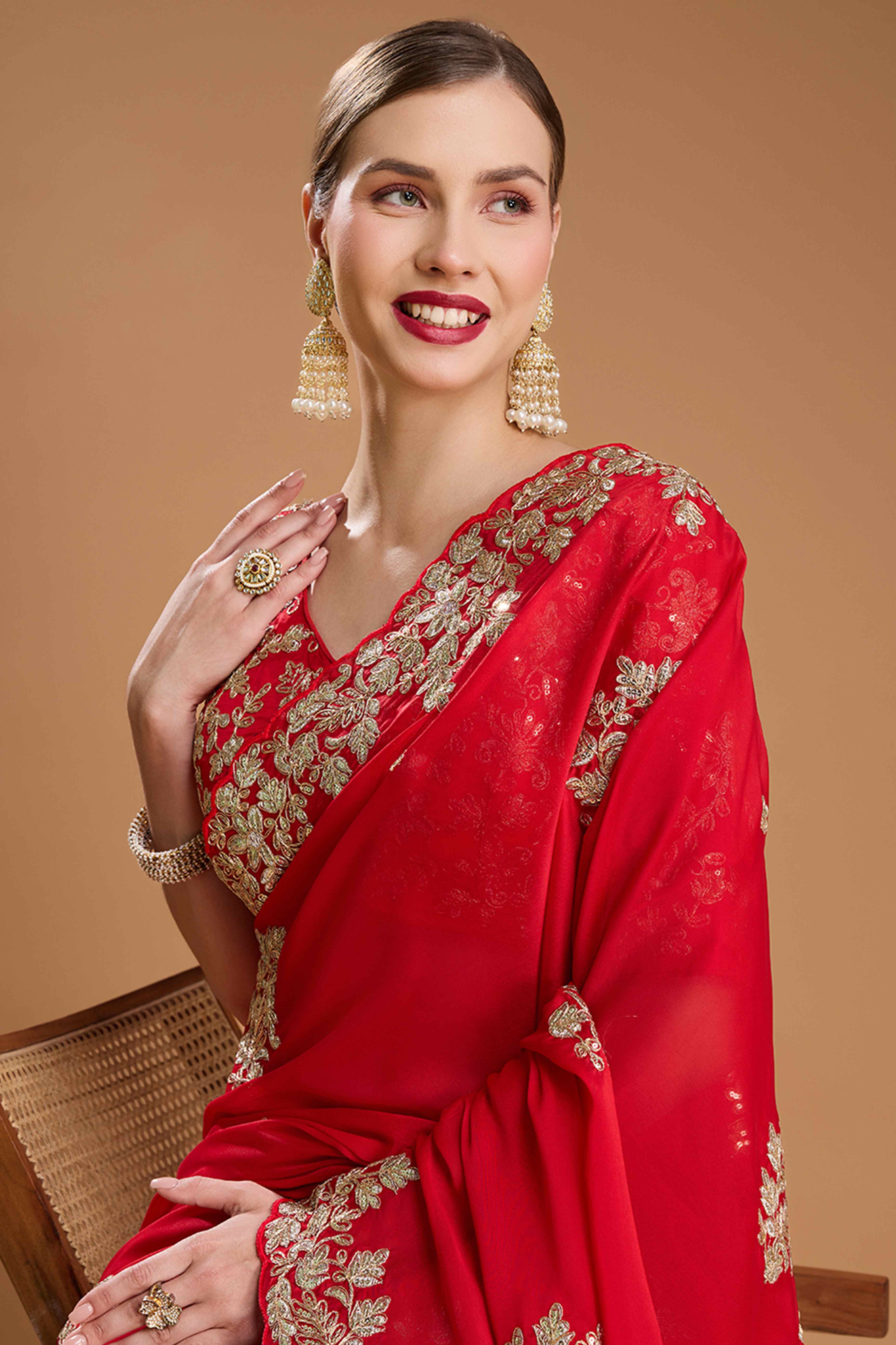 Red Organza Saree Enhanced with Elegant Sequins Embellishments