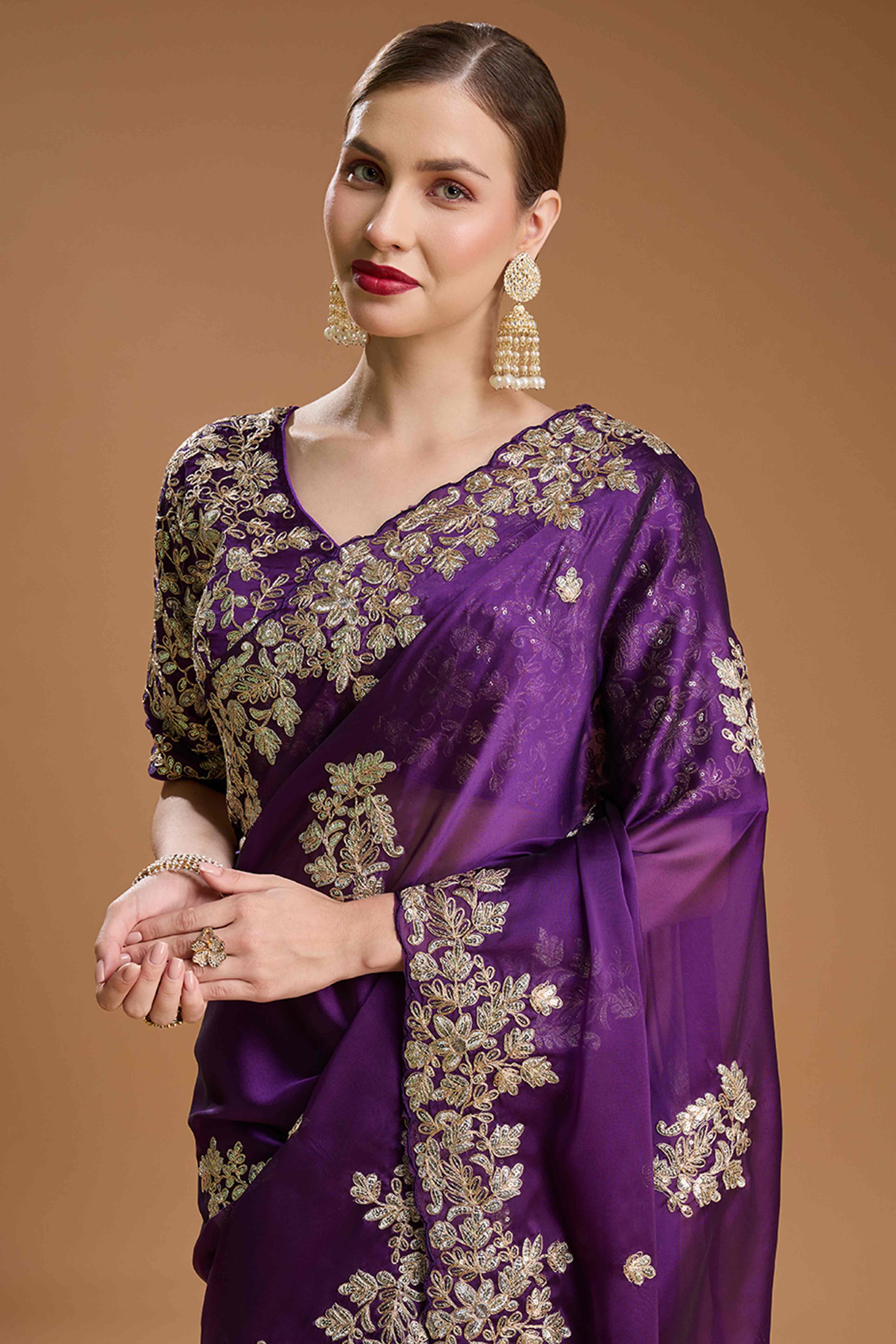 Dark Purple Organza Saree Enhanced with Elegant Sequins Embellishments