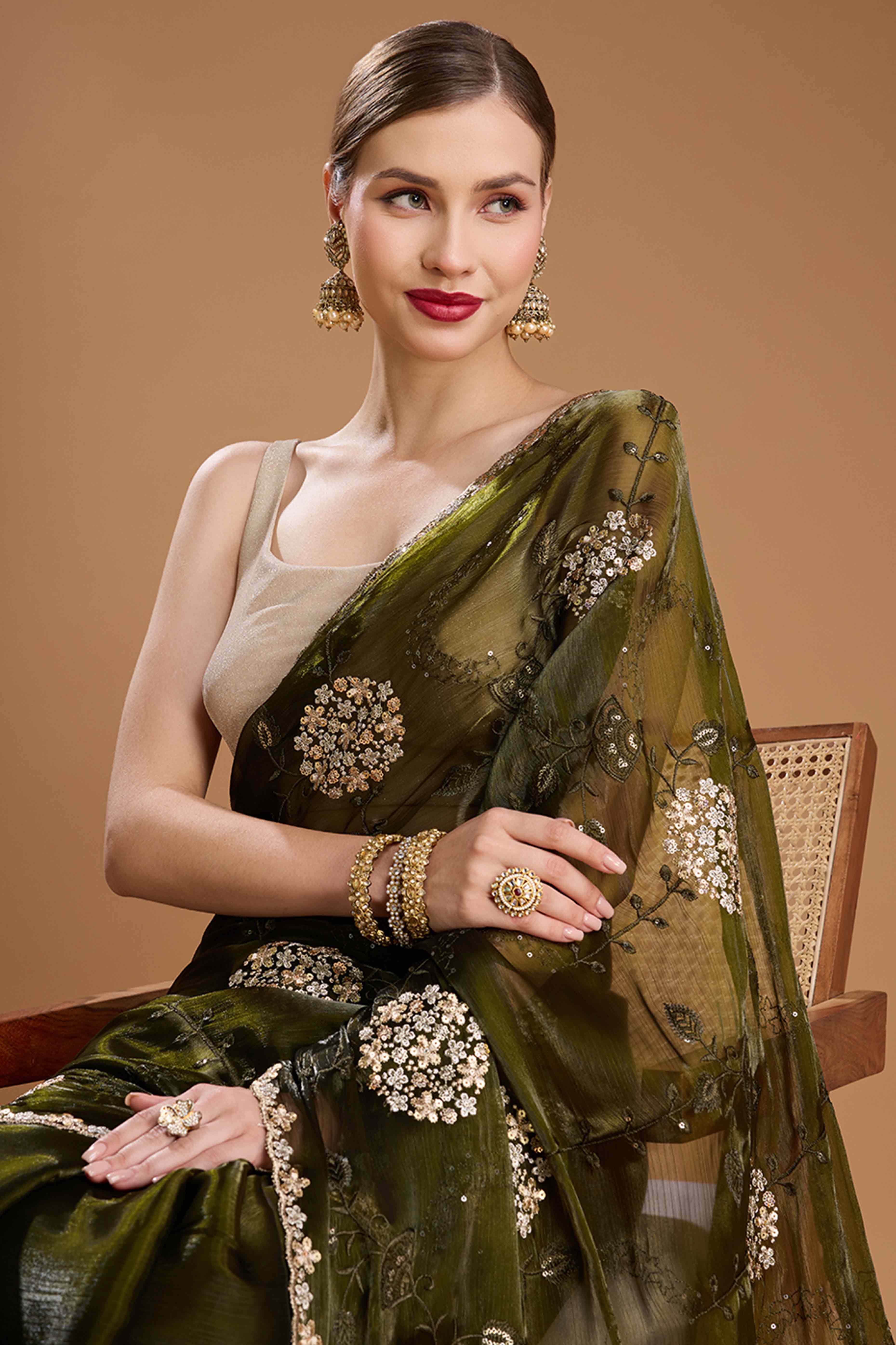 Mehandi Green Floral Design Organza Saree with Glittering Sequins Embroidery