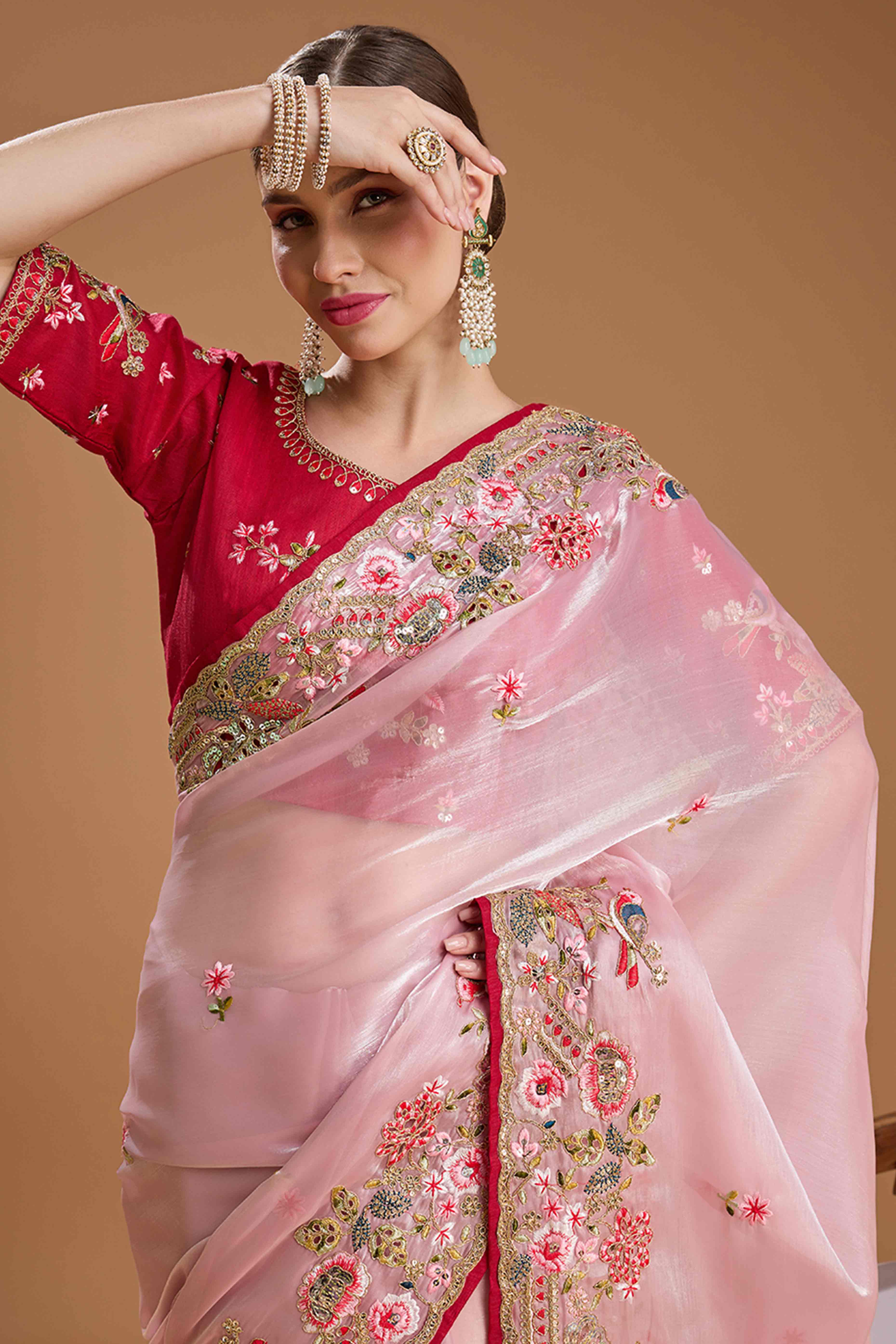 Light Peach Floral Design Organza Saree with Glittering Sequins Embroidery