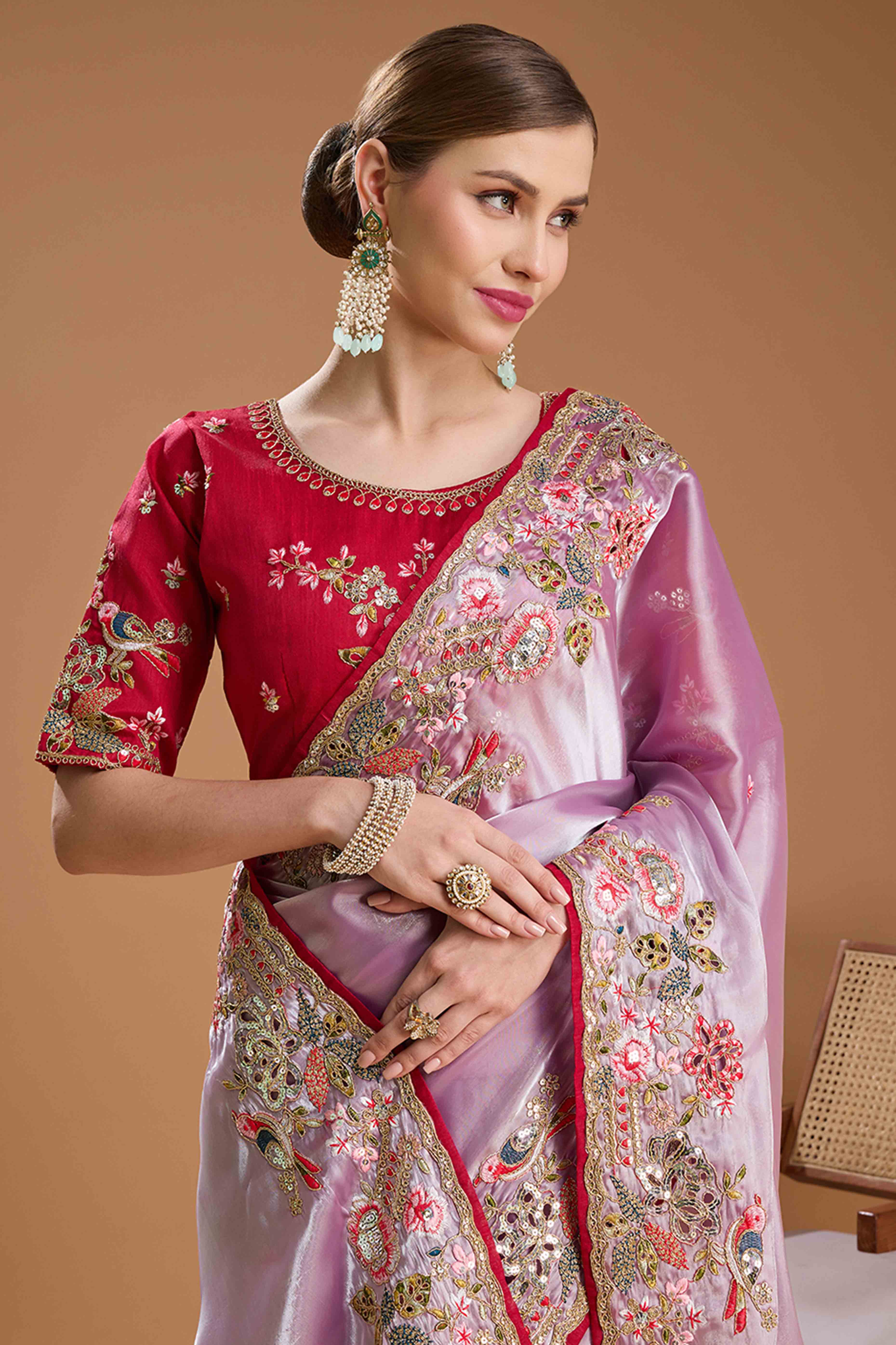 Light Purple Floral Design Organza Saree with Glittering Sequins Embroidery