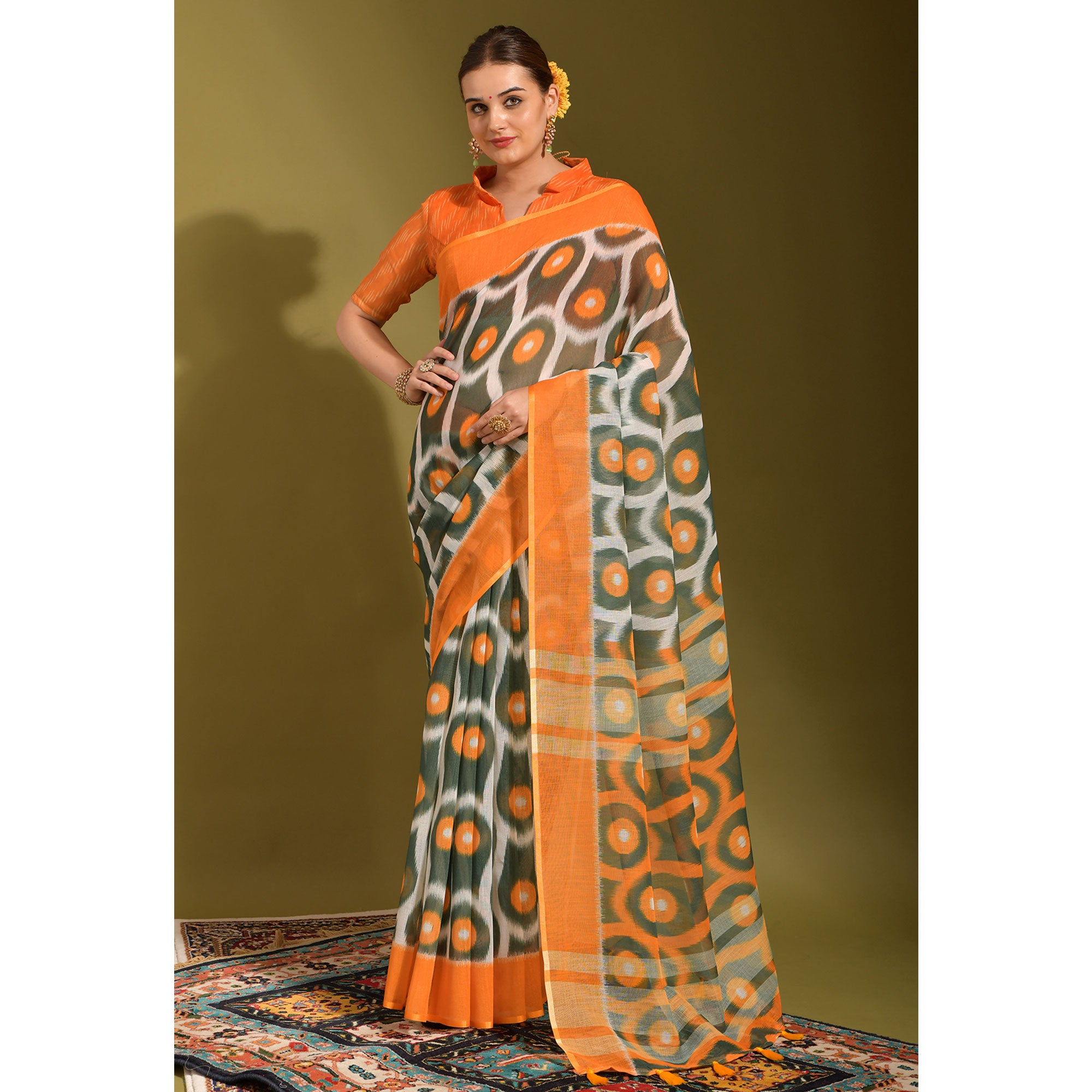 Orange Geometric Digital Printed Linen Saree With Tassels