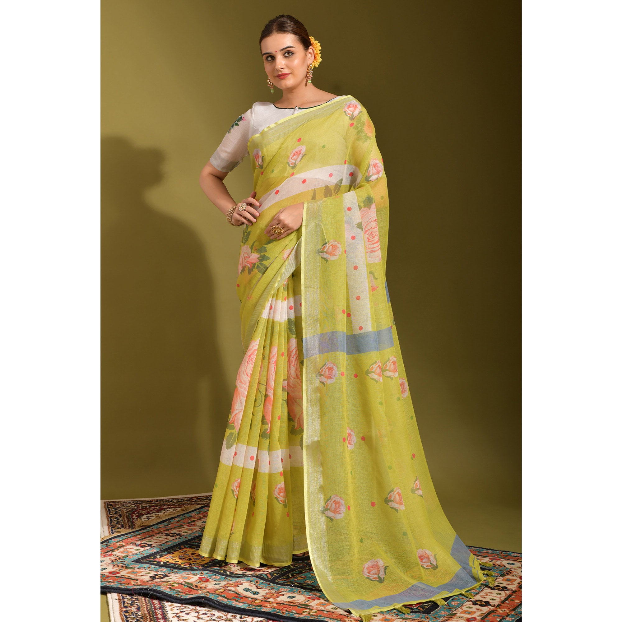 Green Floral Digital Printed Linen Saree With Tassels