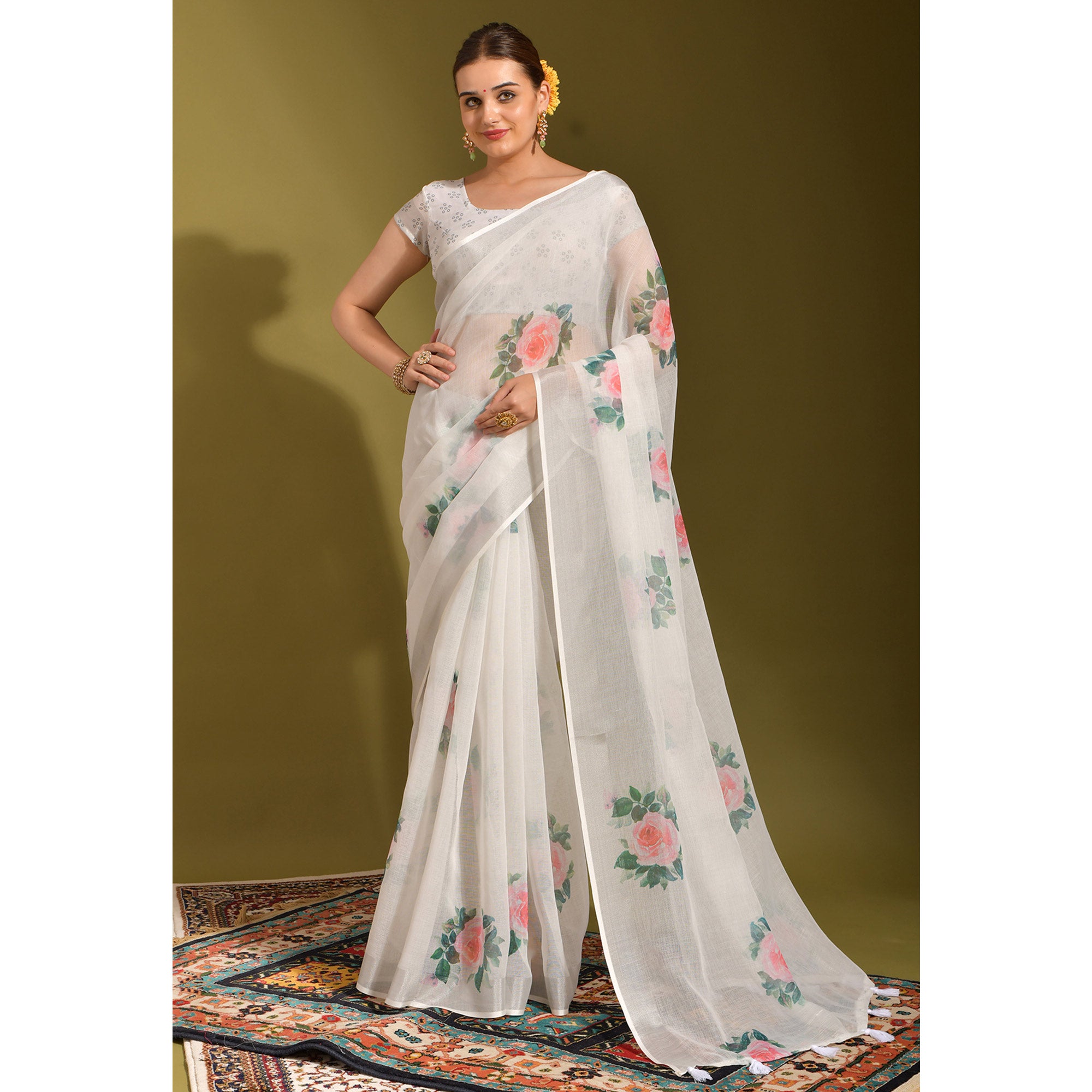 White Floral Digital Printed Linen Saree With Tassels