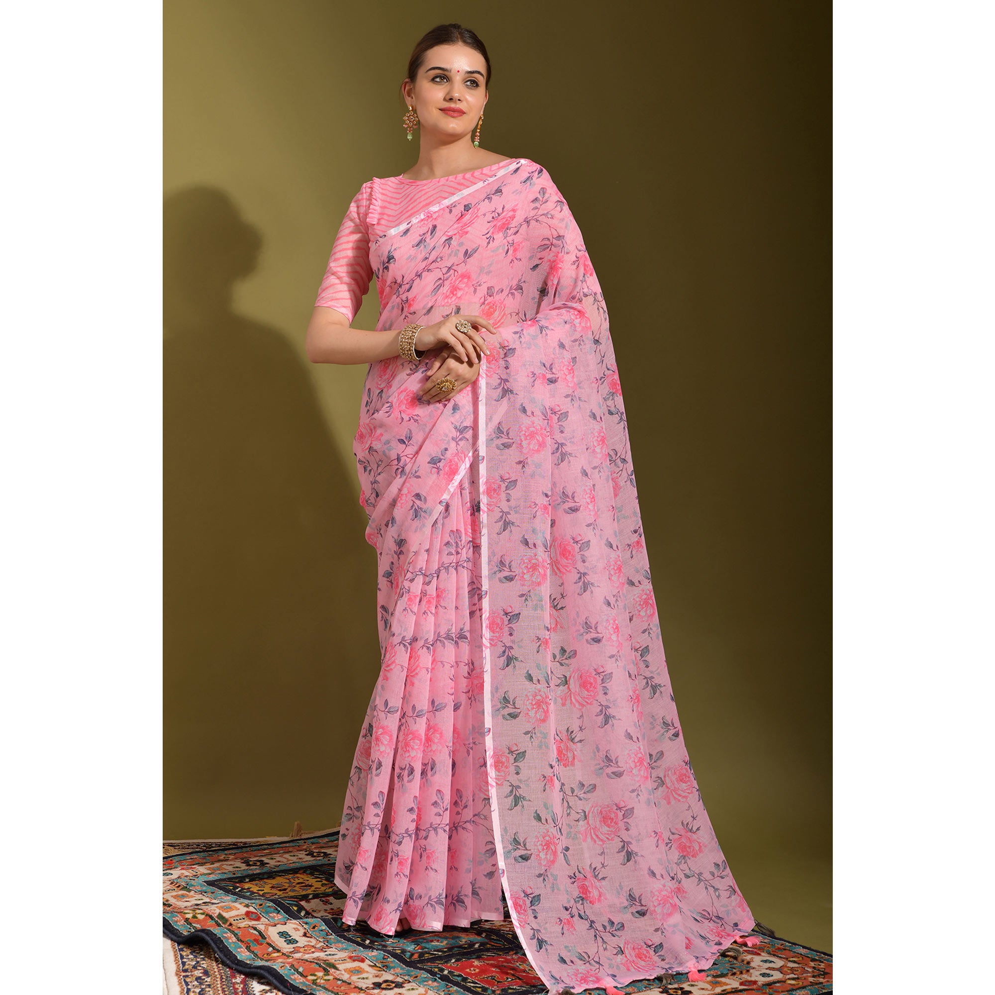 Pink Floral Digital Printed Linen Saree With Tassels