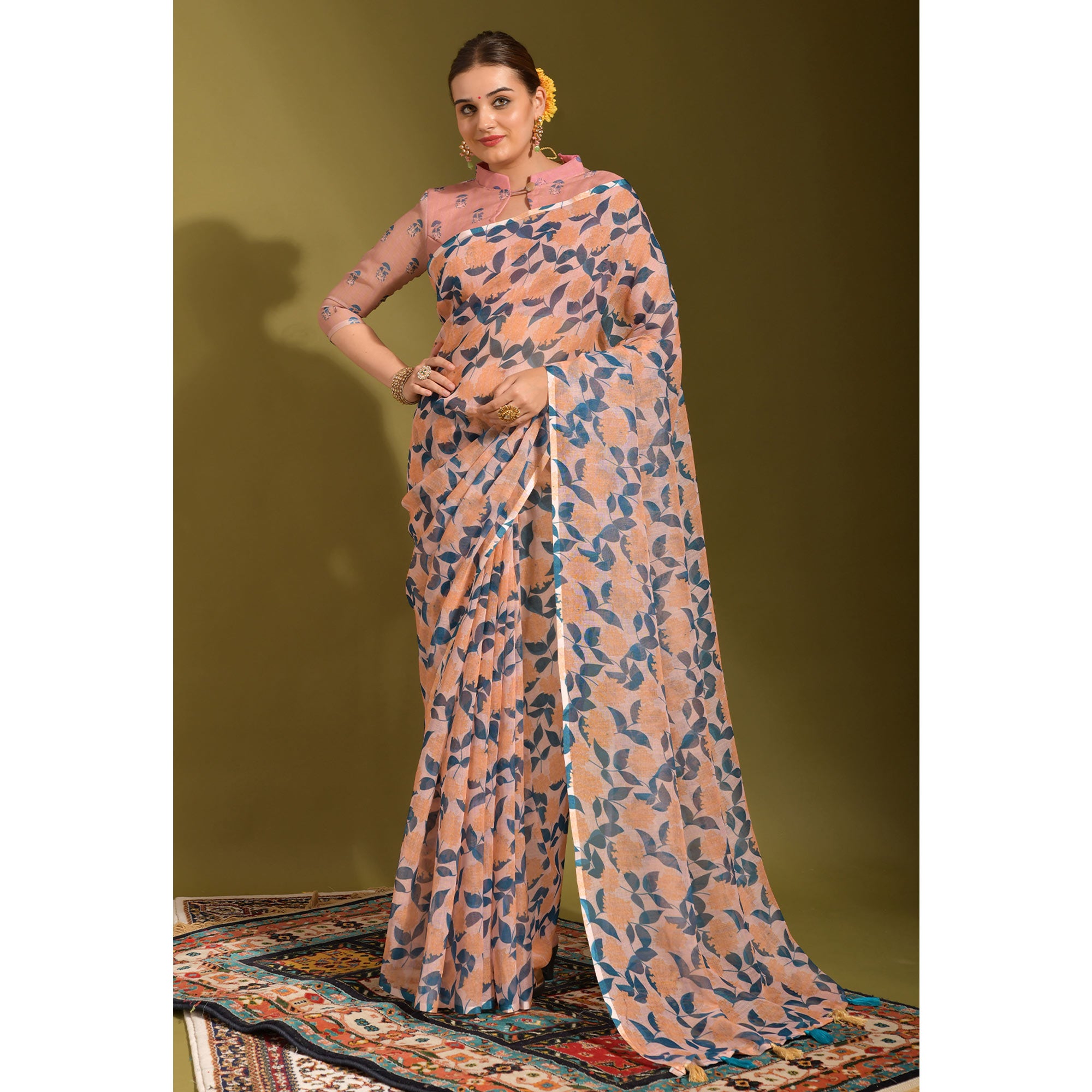 Peach Floral Digital Printed Linen Saree With Tassels