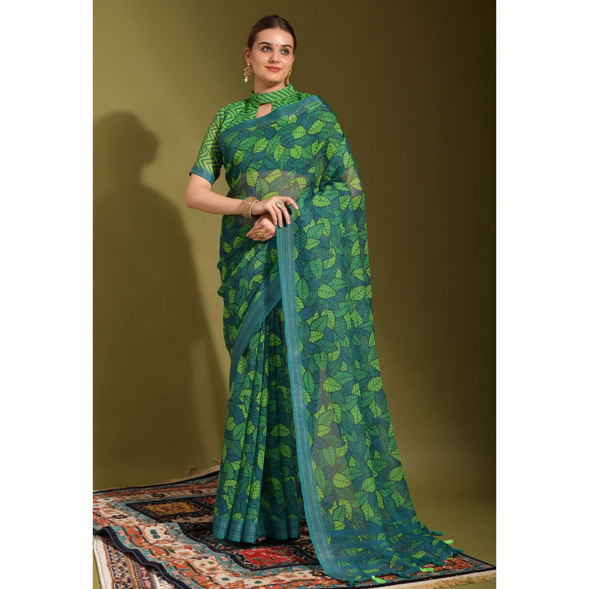 Green Digital Printed Linen Saree With Tassels