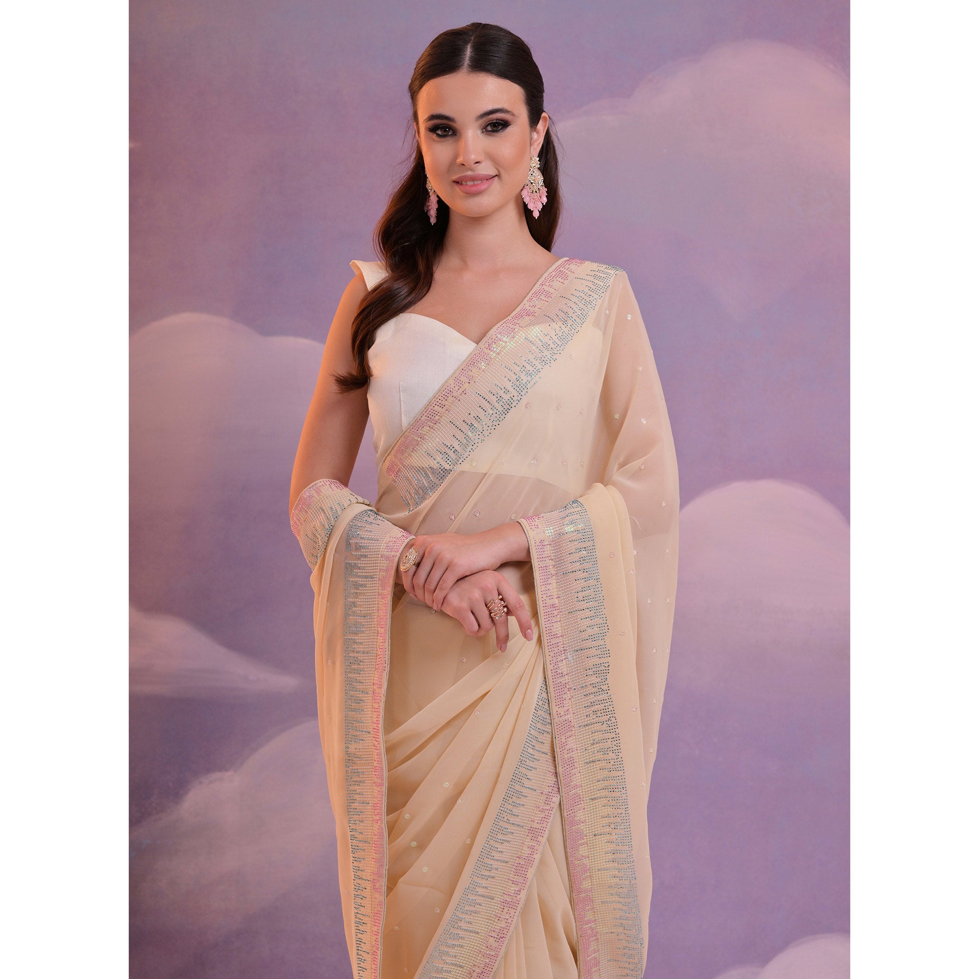 Cream Swarovski With Sequins Work Georgette Saree