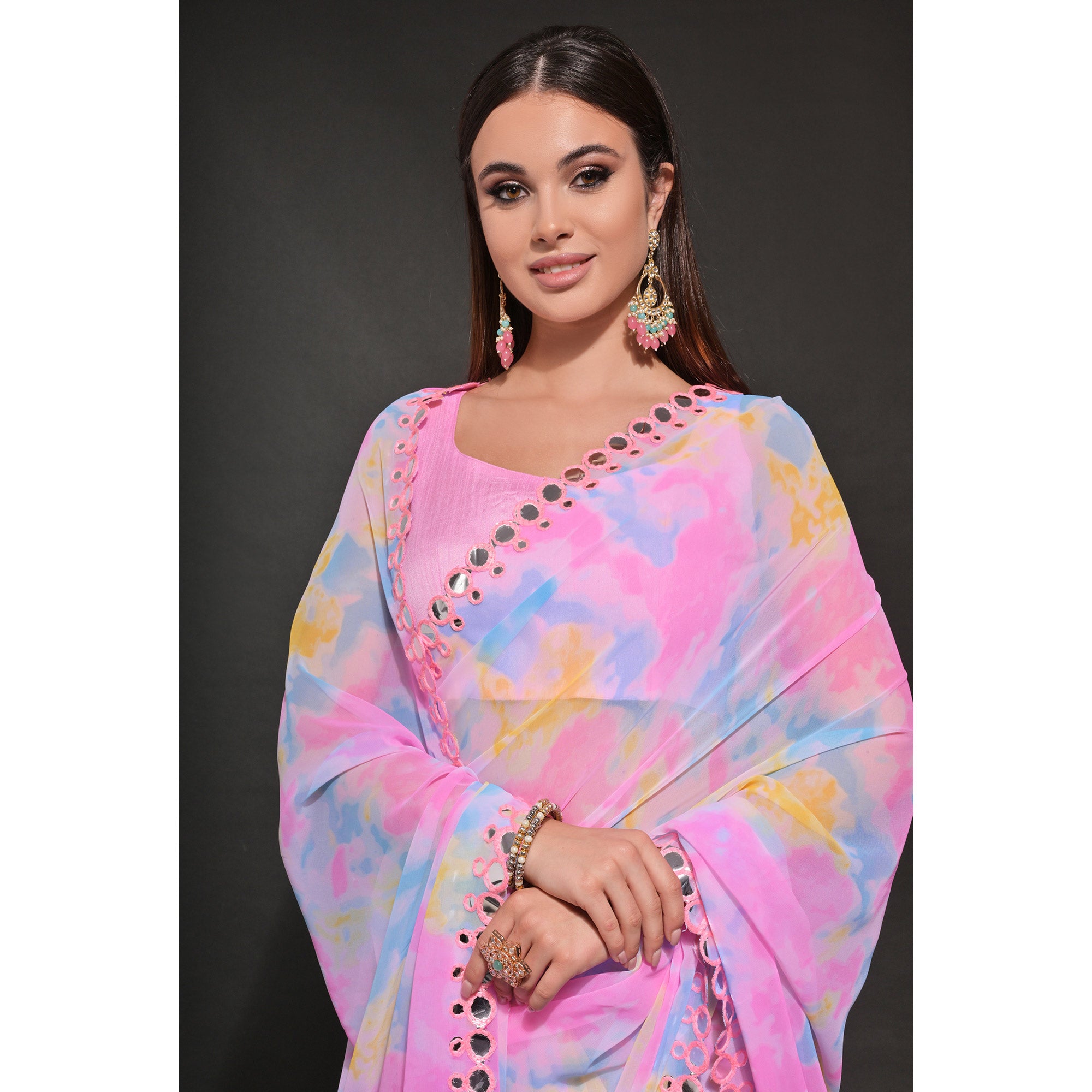 Pink Printed Georgette Saree With Embroidered Saree