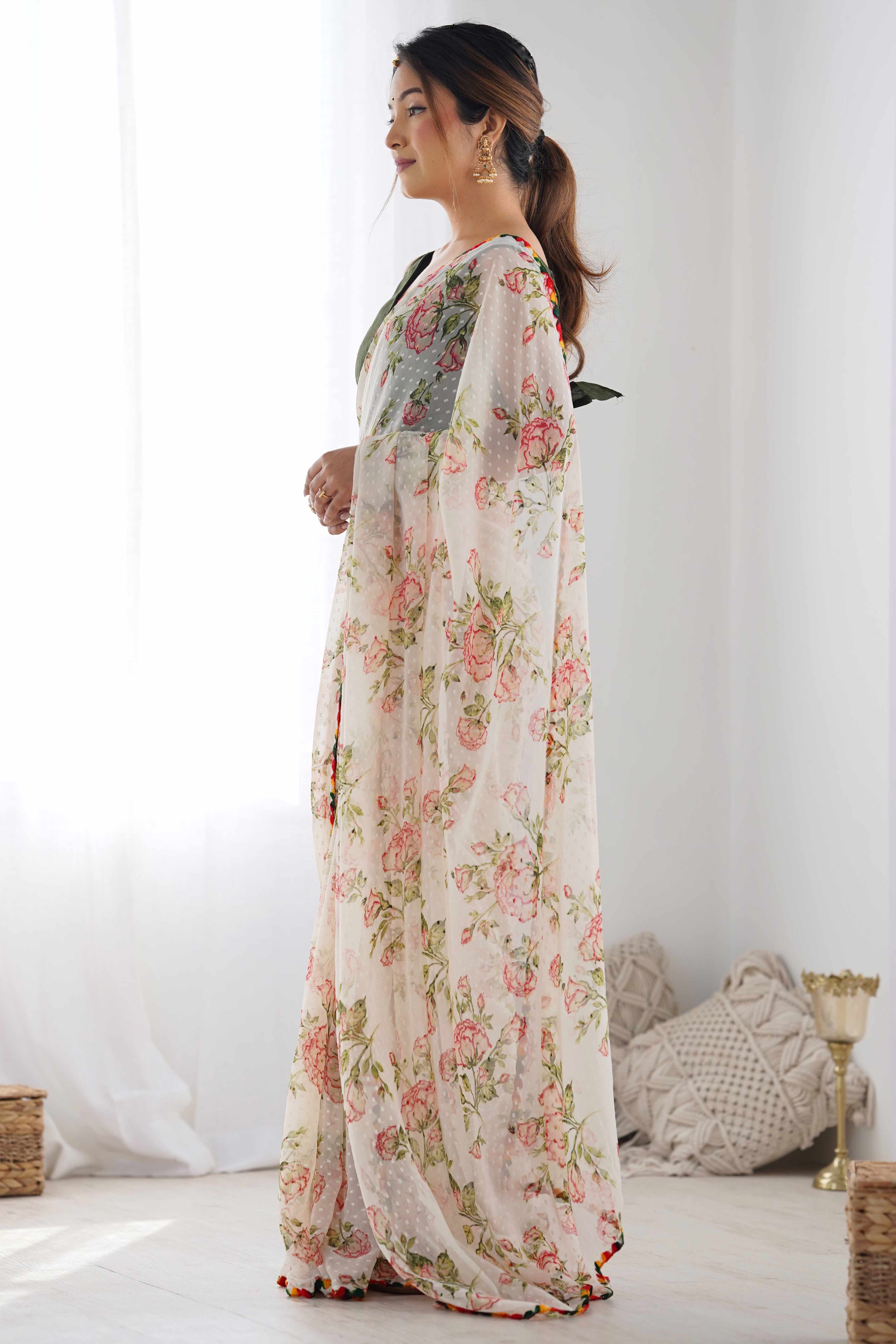 Off White Floral Printed Georgette Saree