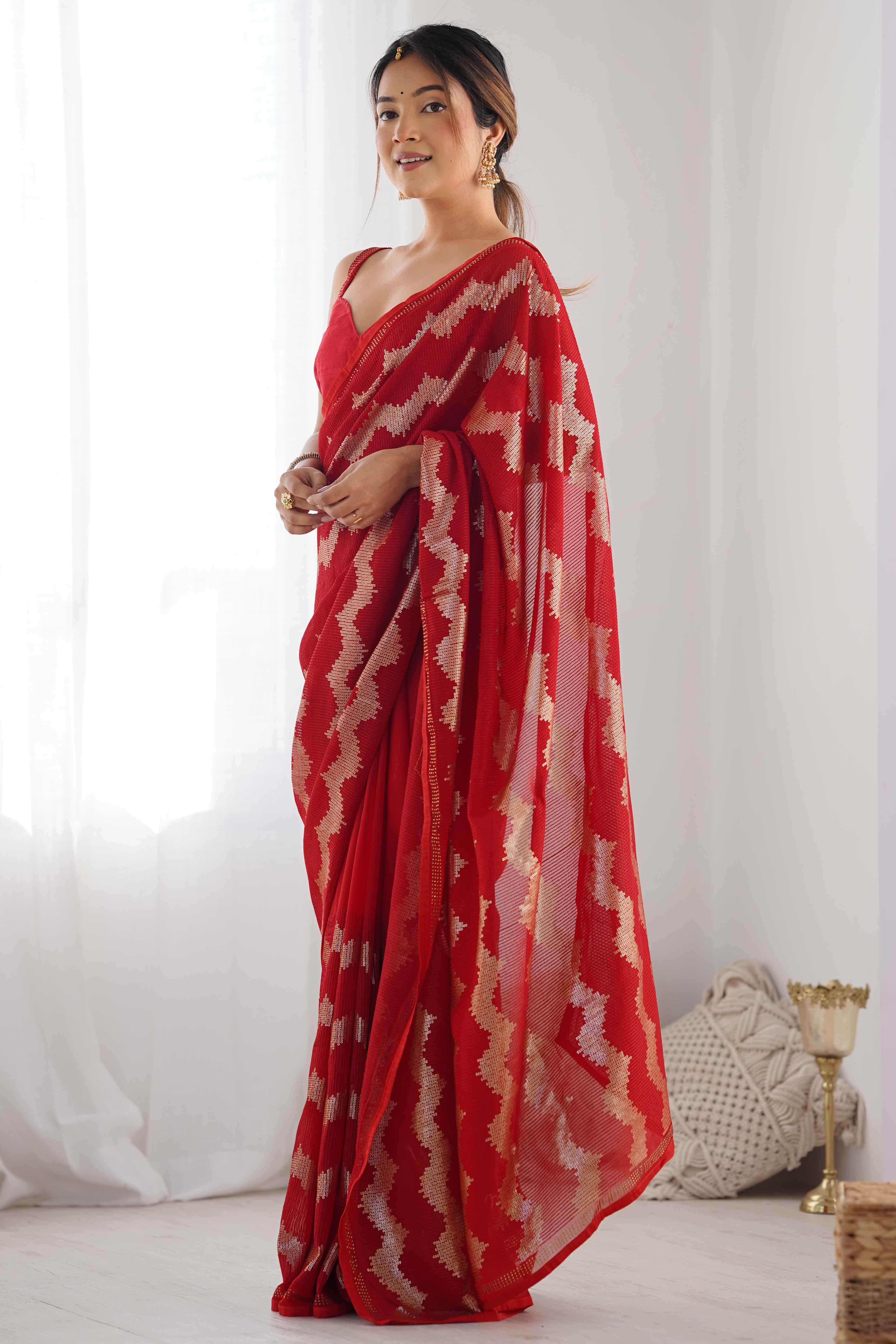 Red Sequins Embroidered Georgette Saree