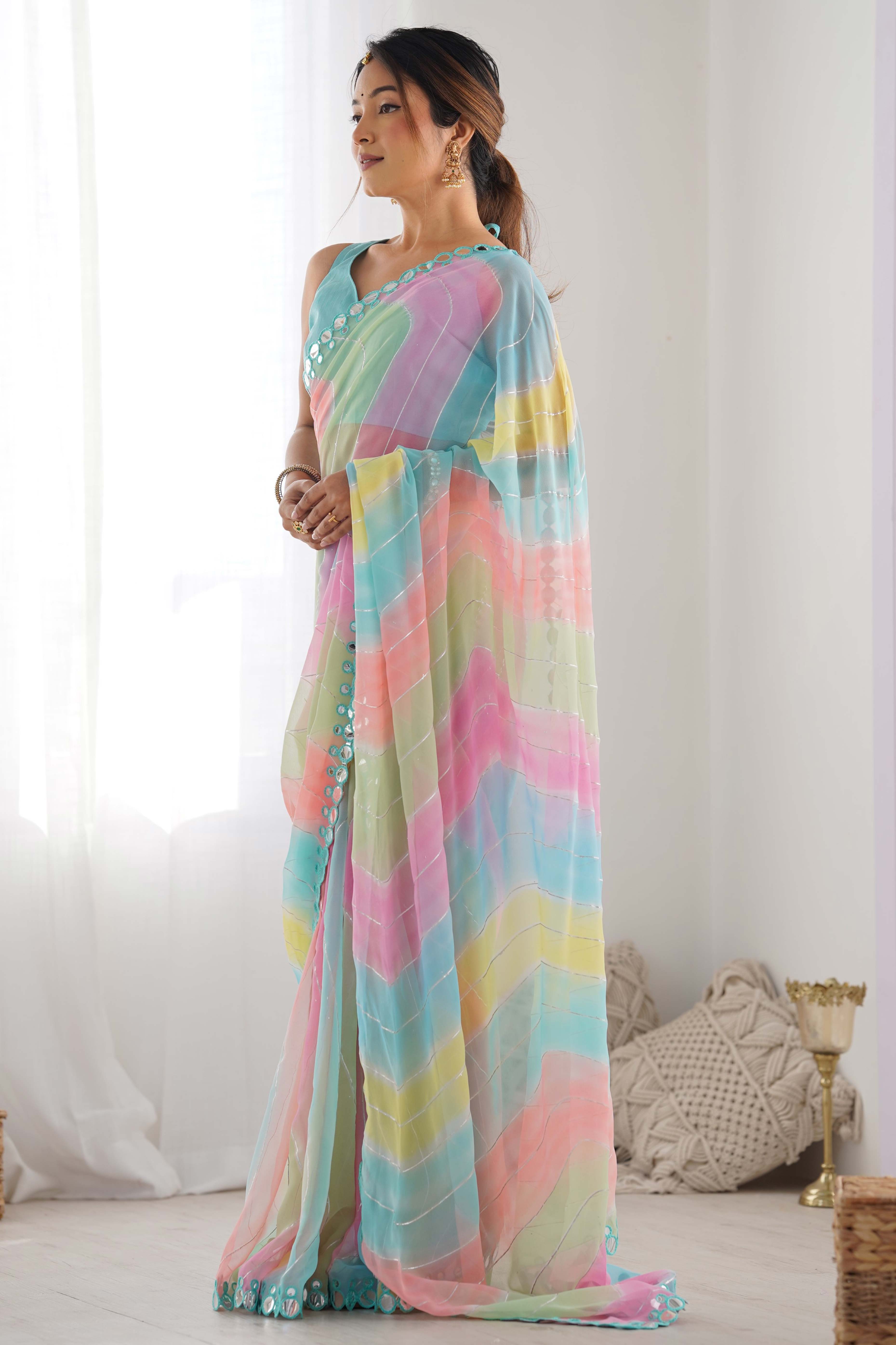 Multicolor Mirror Work Embroidered Georgette Saree