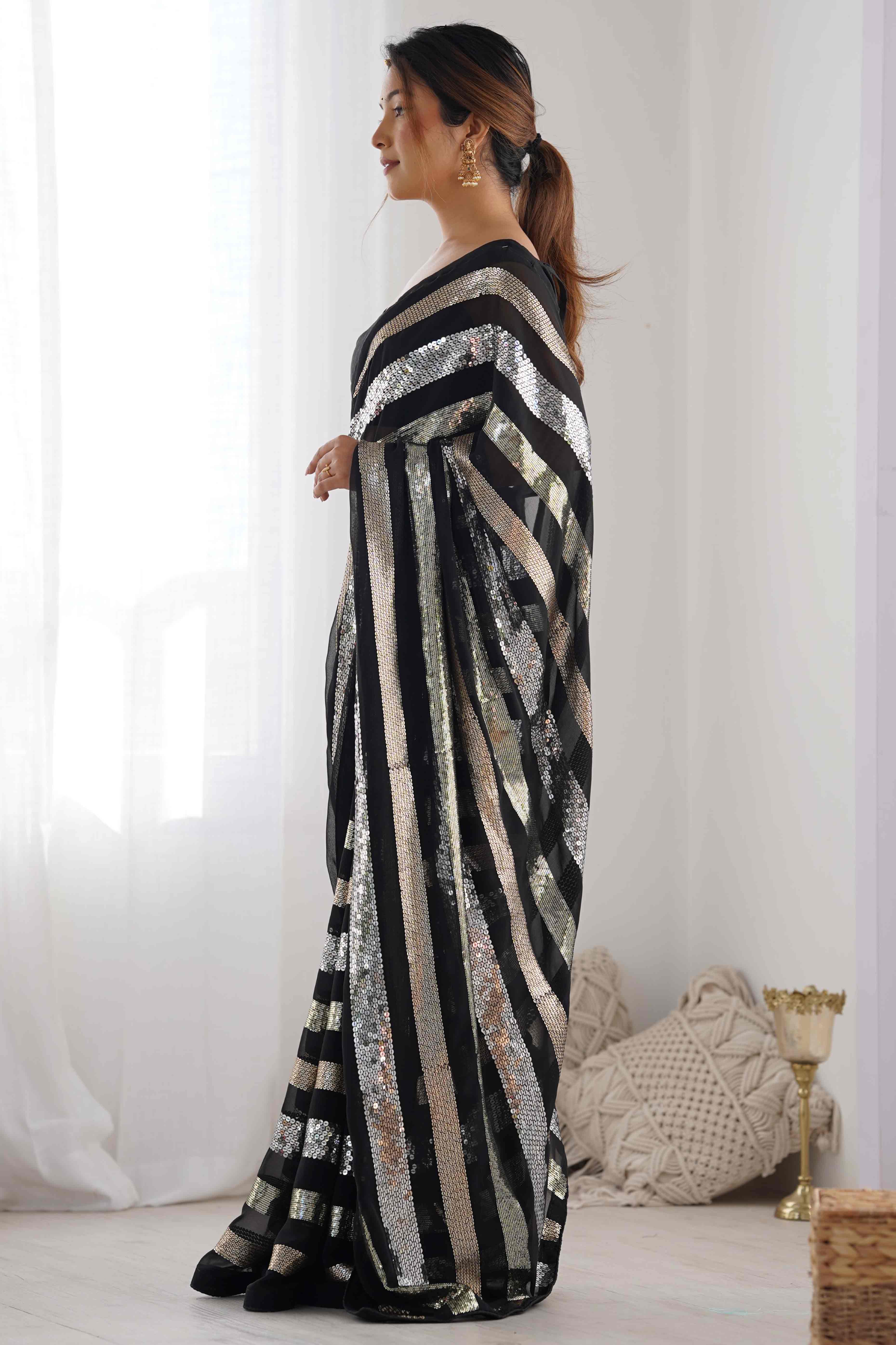 Black Sequins Embroidered Georgette Saree