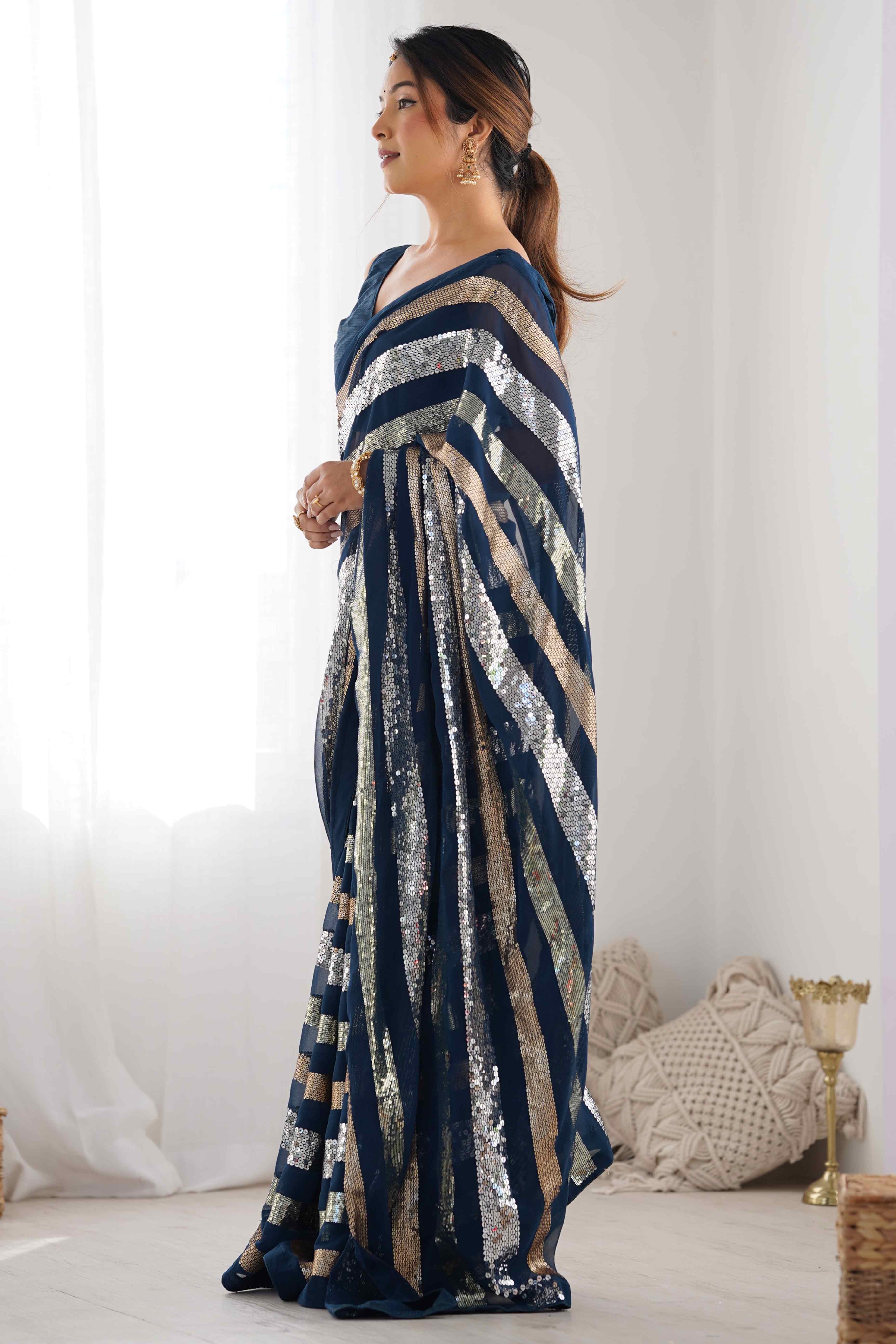 Teal Sequins Embroidered Georgette Saree