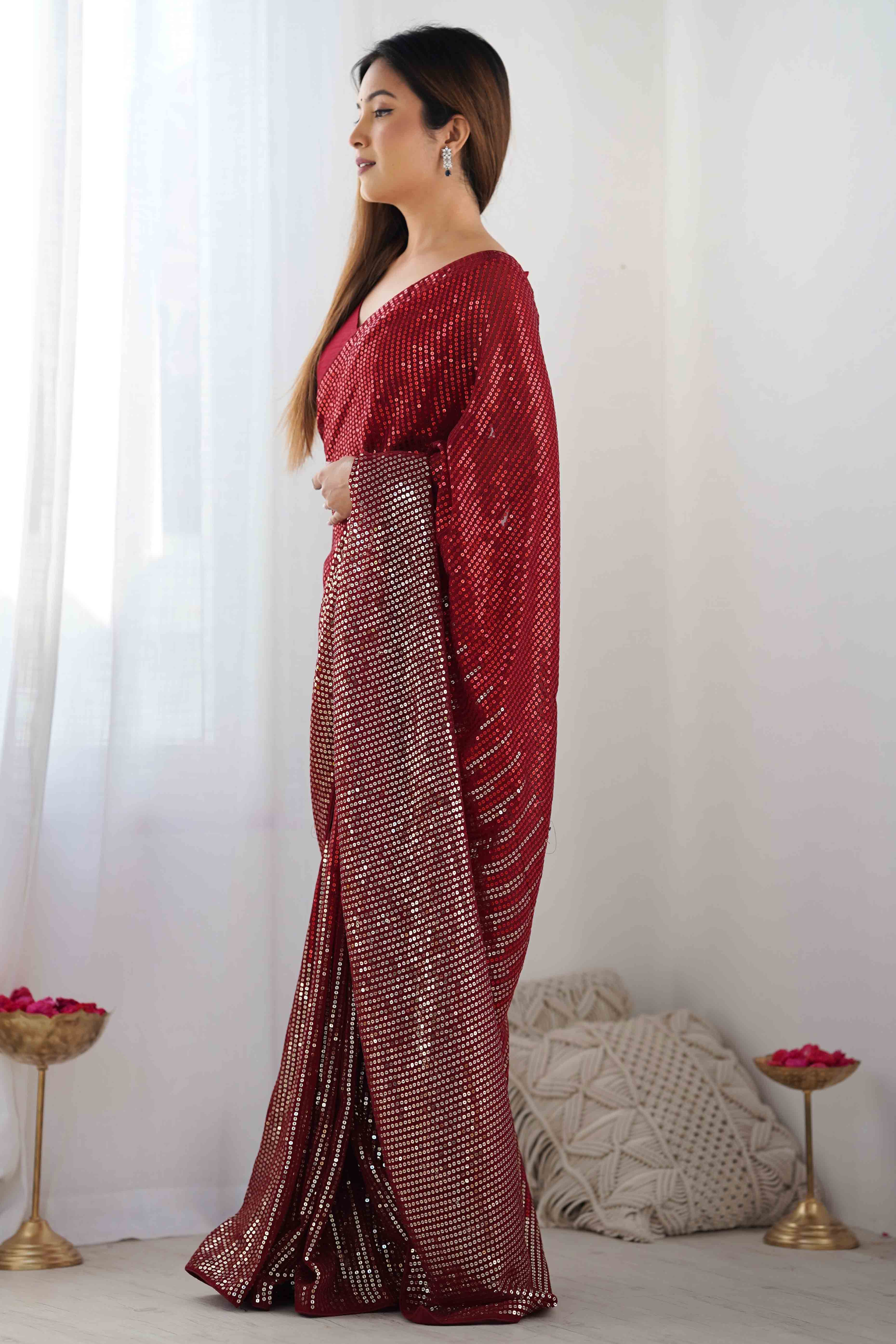 Maroon Sequins Embroidered Georgette Saree