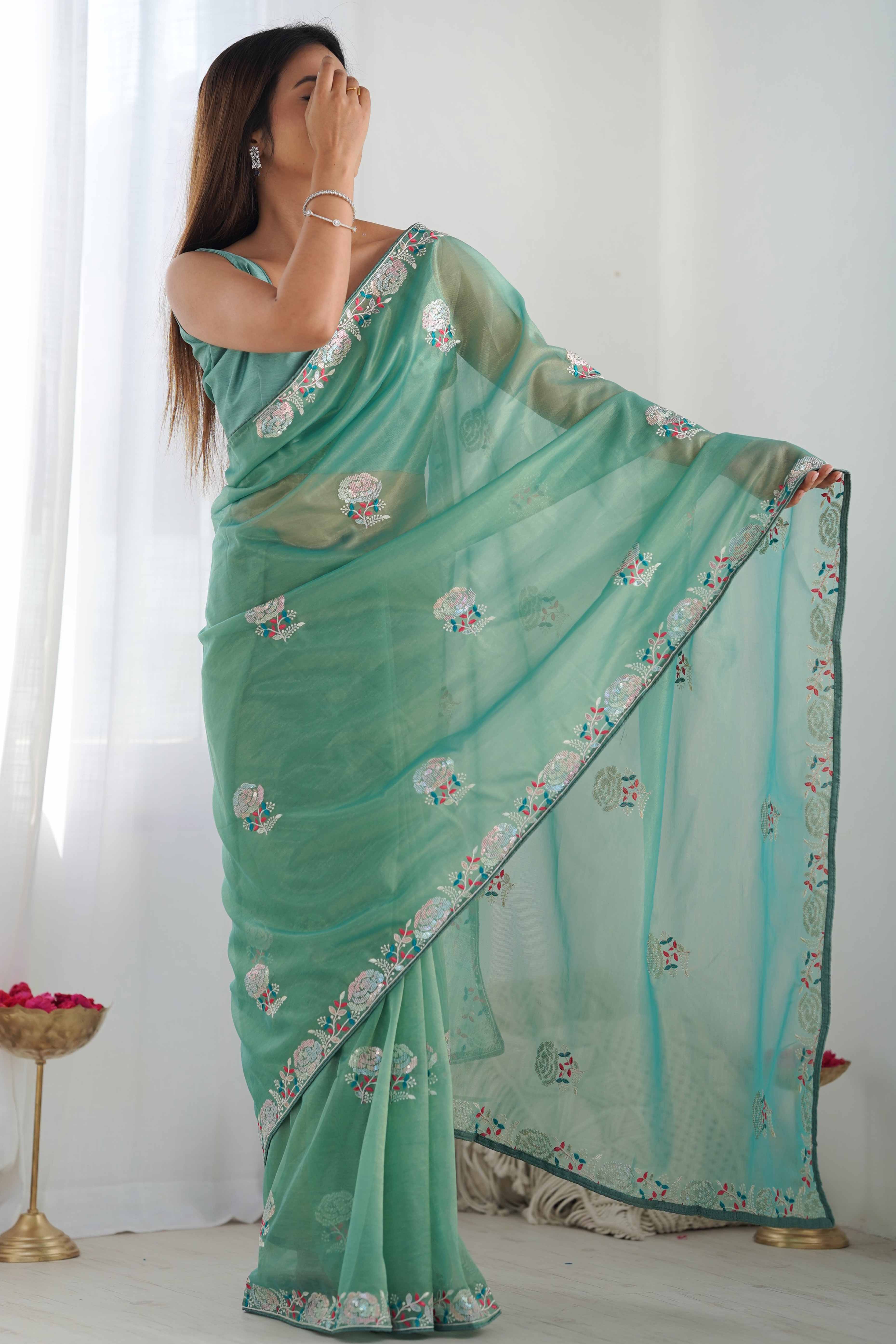 Sea Green Floral Embroidered Net Saree