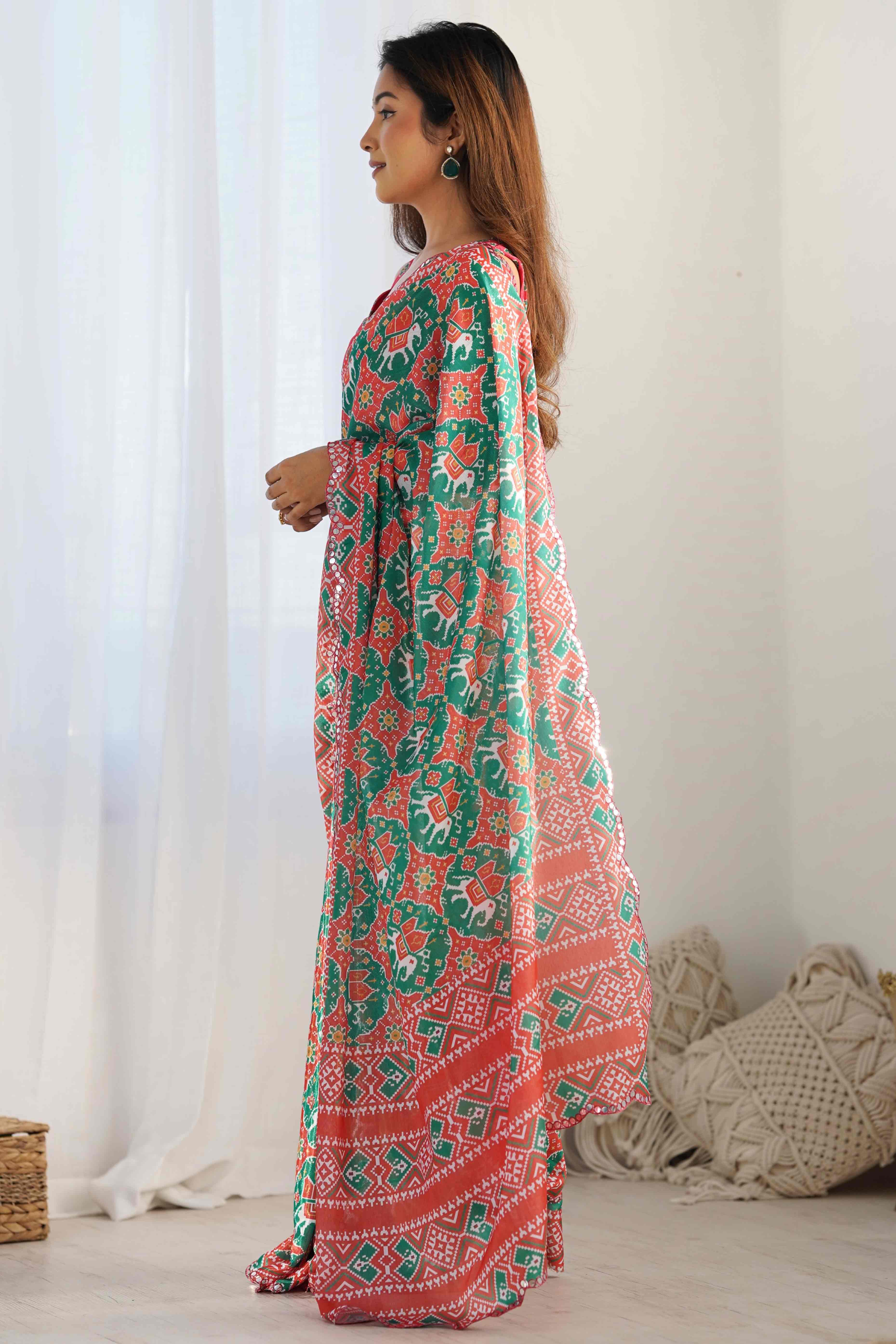 Rama Green Patola Printed Chinon Saree