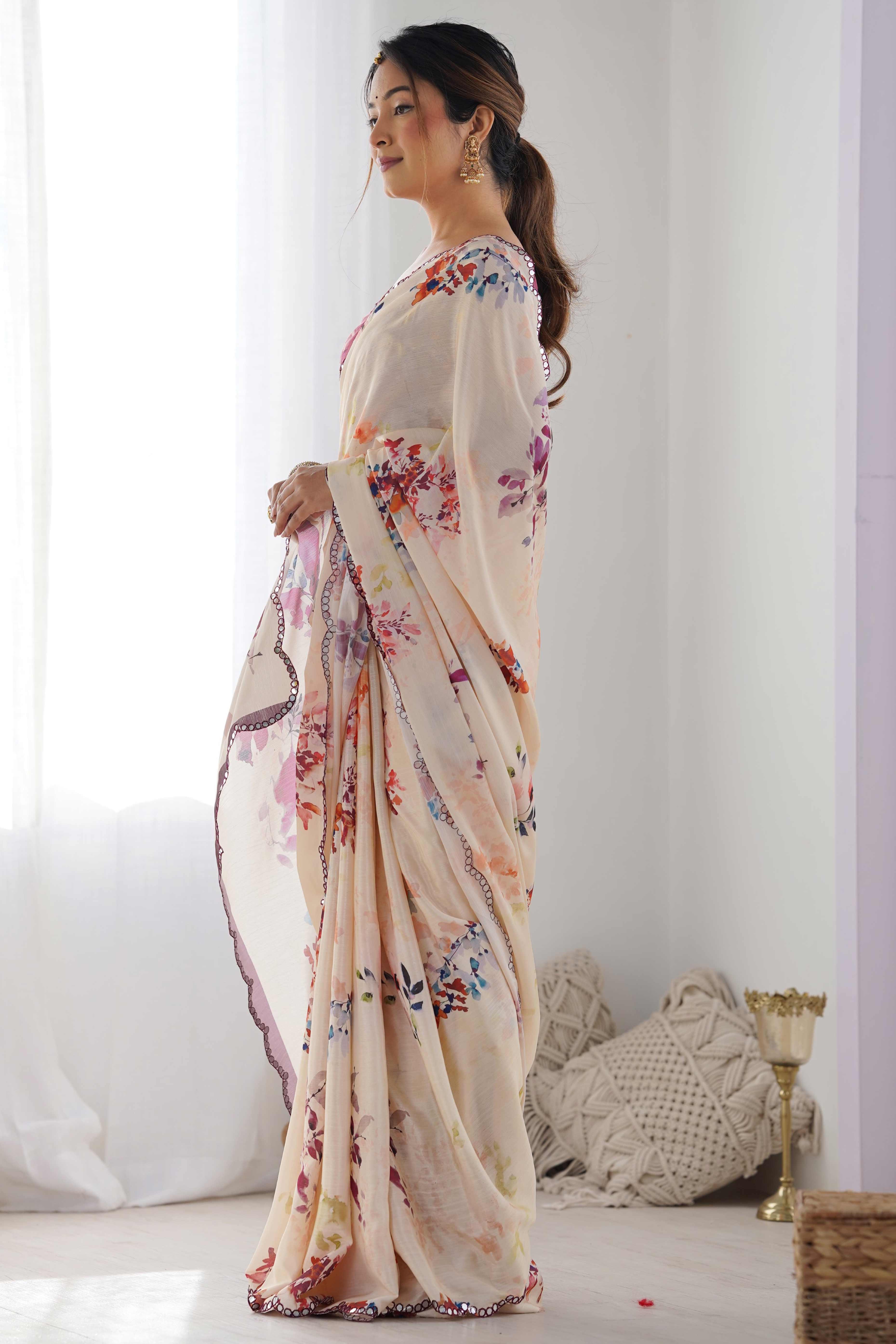 Cream Floral Printed Chinon Saree