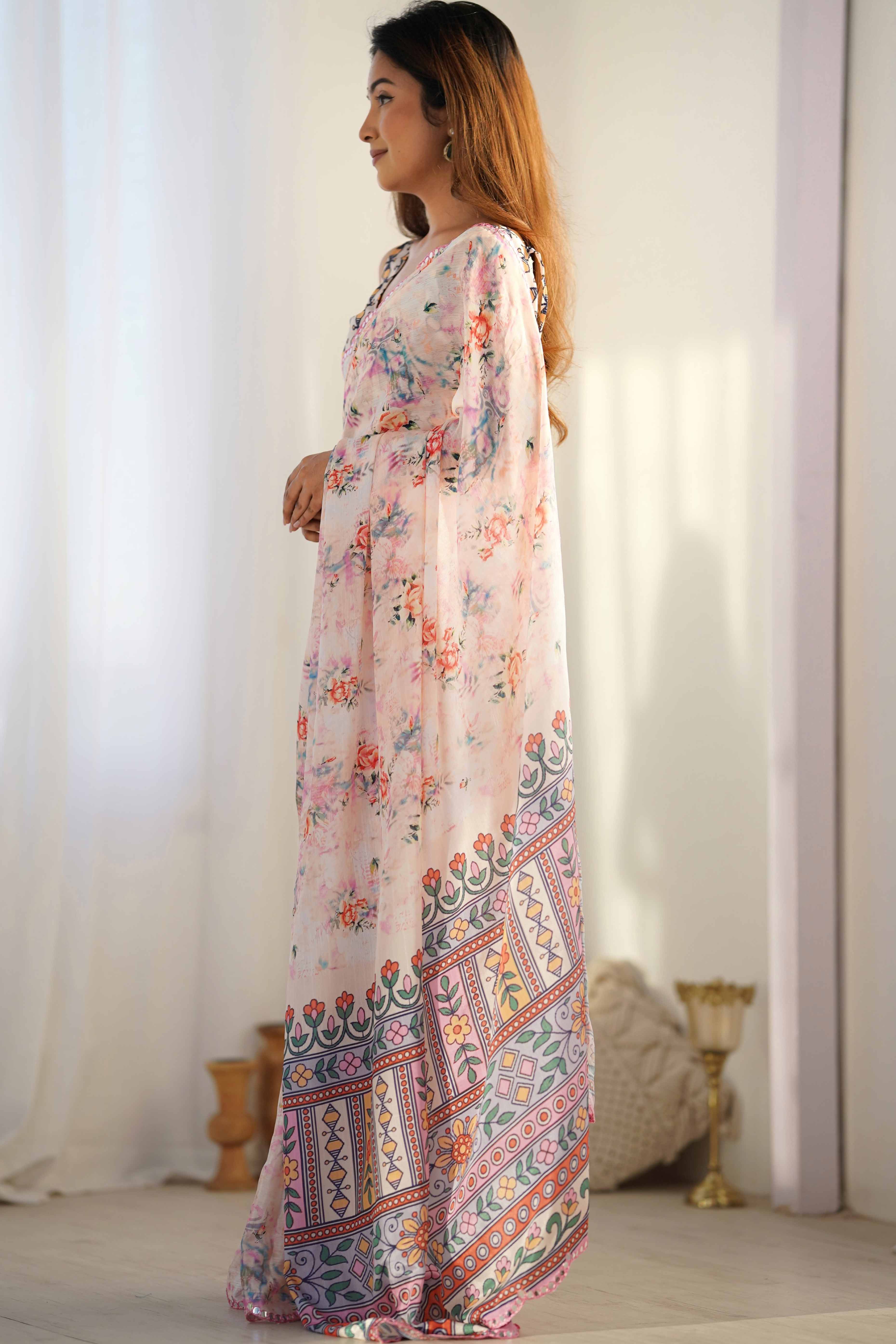 Peach Floral Printed Chinon Saree