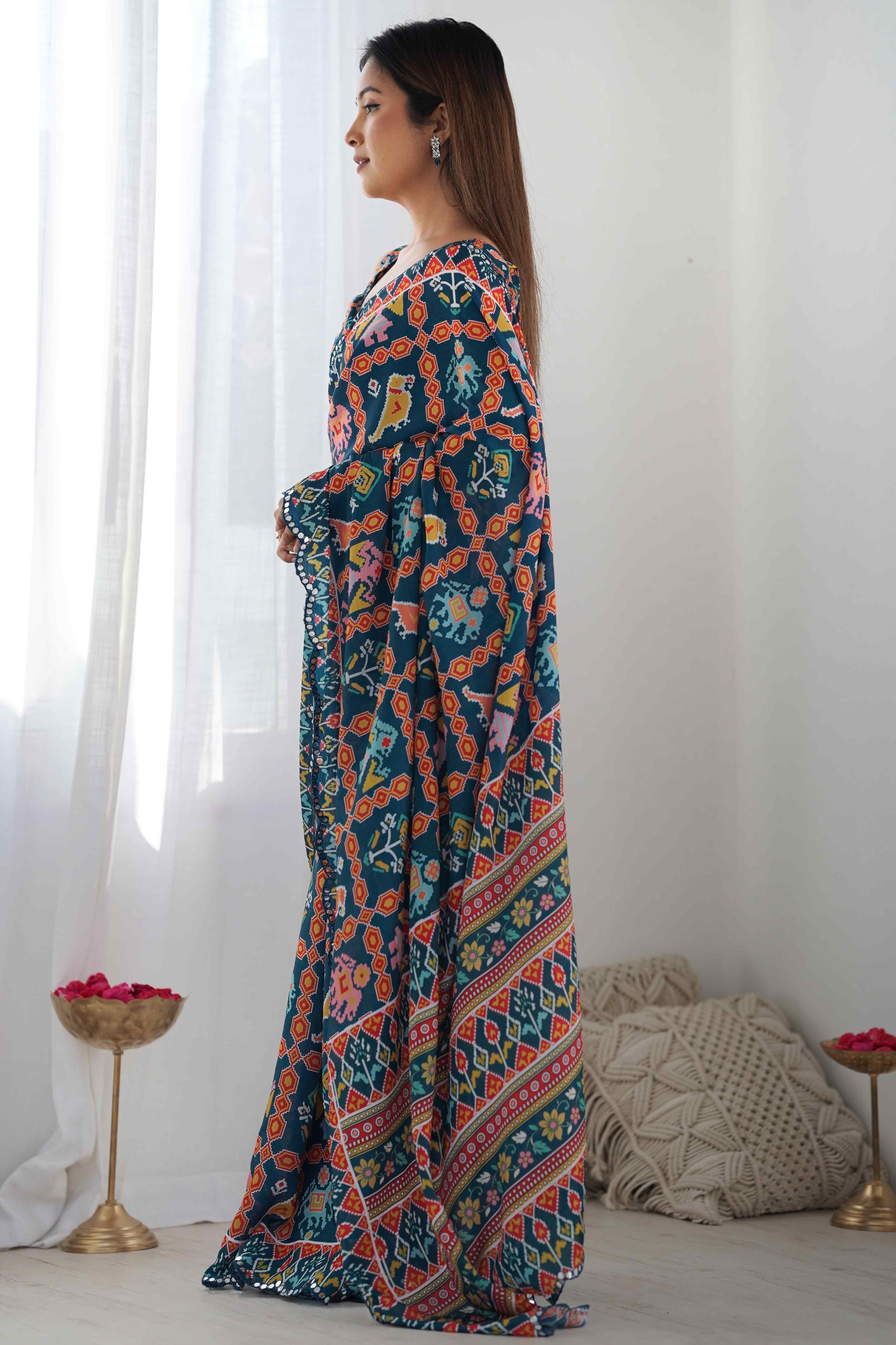Teal Patola Printed Chinon Saree