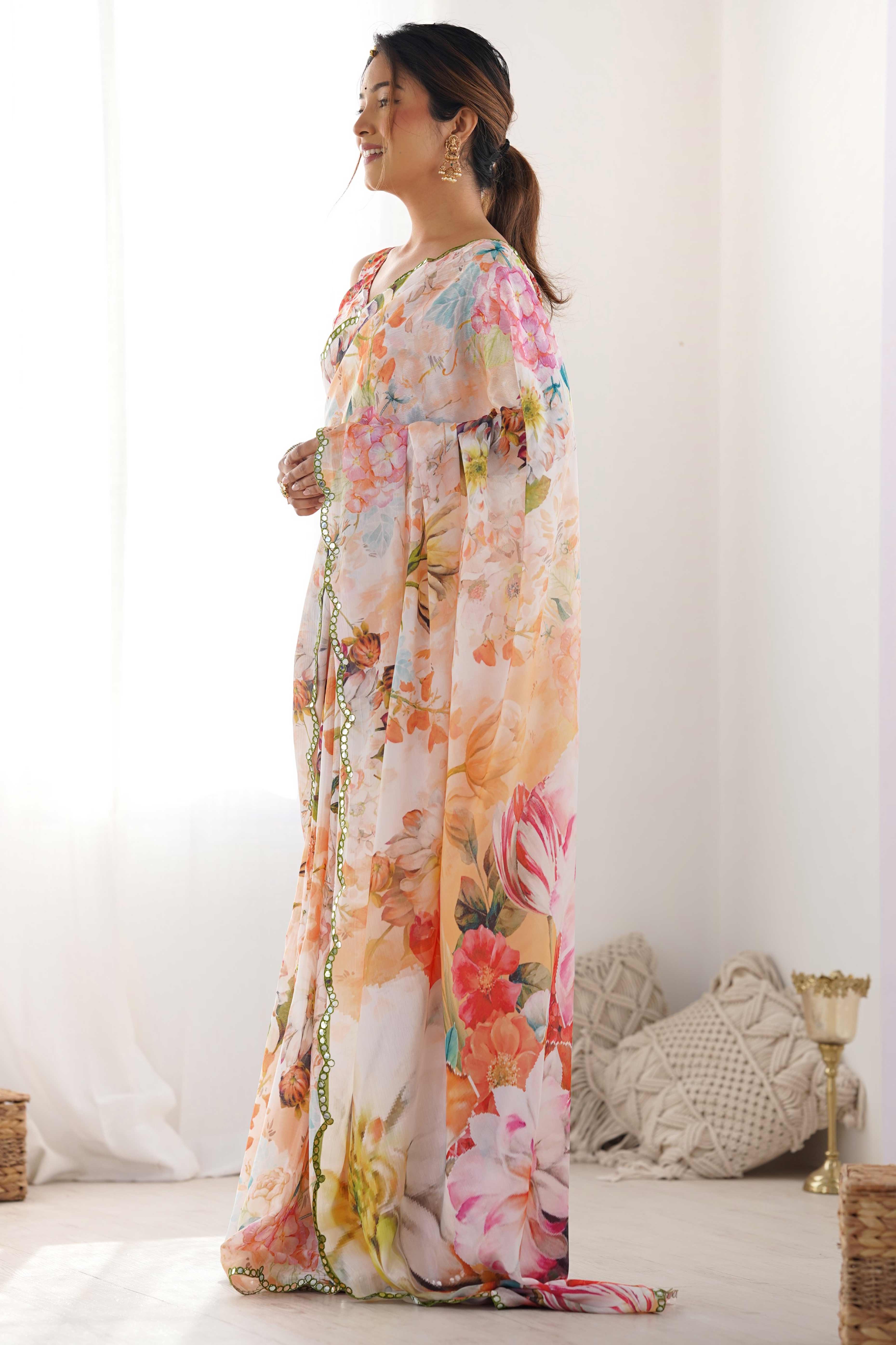 Off White Floral Printed Chinon Saree
