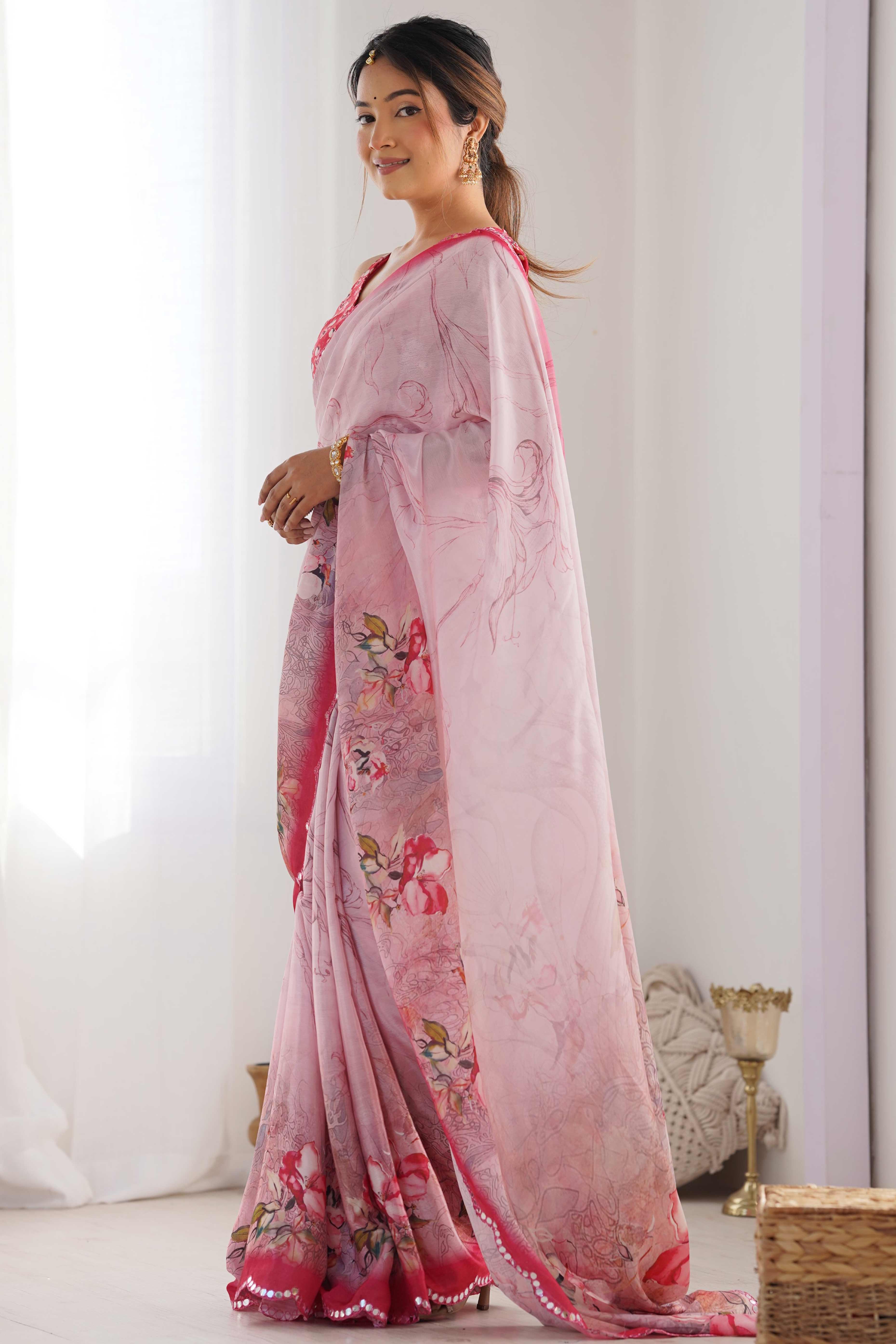 Baby Pink Floral Printed Chinon Saree